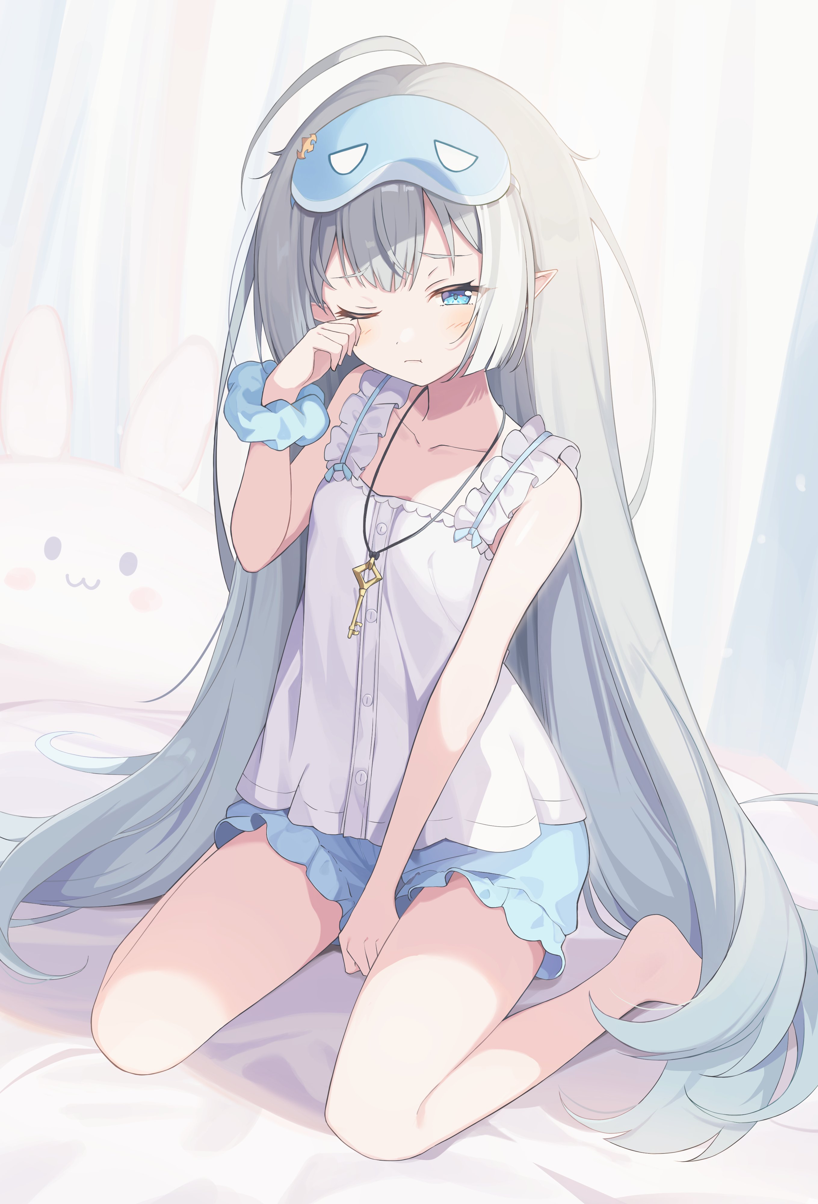 shirokuma (zeroillya), female tyrant (stella sora), tyrant (stella sora), stella sora, fluffy hair, absurdres, hashtag-only commentary, highres, 1girl, ahoge, barefoot, between legs, blue eyes, blue scrunchie, blue shorts, closed mouth, frilled straps, full body, grey hair, hand between legs, hand up, jewelry, key, key necklace, light frown, long hair, mask, mask on head, necklace, one eye closed, pointy ears, raised inner eyebrows, rubbing eyes, scrunchie, shirt, short shorts, shorts, sidelocks, sitting, sleep mask, sleeveless, sleeveless shirt, solo, straight hair, stuffed animal, stuffed toy, very long hair, wariza, white shirt, wrist scrunchie