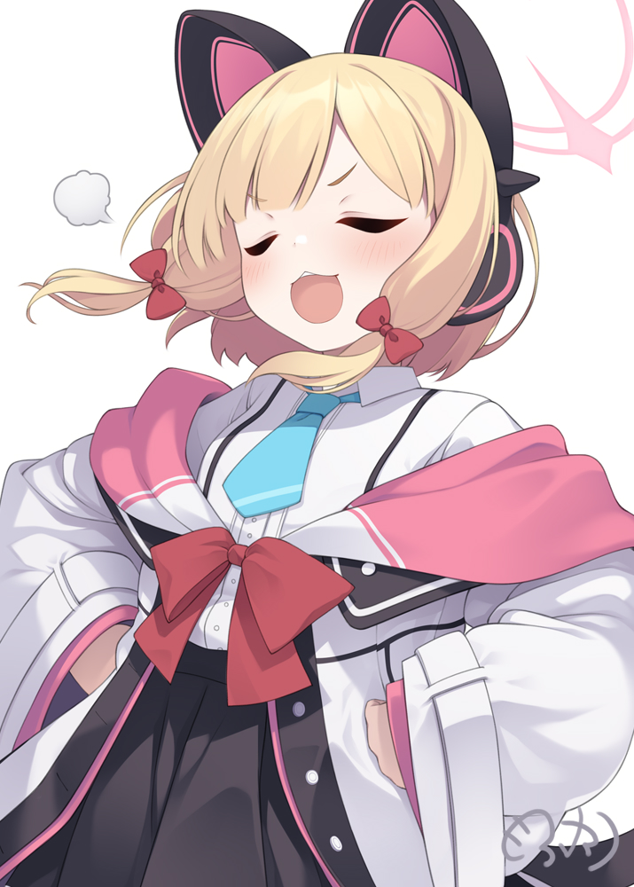 mofu namako, momoi (blue archive), blue archive, commentary request, 1girl, :3, animal ear headphones, animal ears, aqua necktie, black skirt, blonde hair, blush, bow, cat ear headphones, cat ears, closed eyes, coat, collared shirt, fake animal ears, hair bow, halo, hands on own hips, headphones, long sleeves, necktie, open clothes, open coat, open mouth, puff of air, red bow, shirt, short necktie, signature, simple background, skirt, smug, solo, teeth, upper teeth only, white background, white shirt