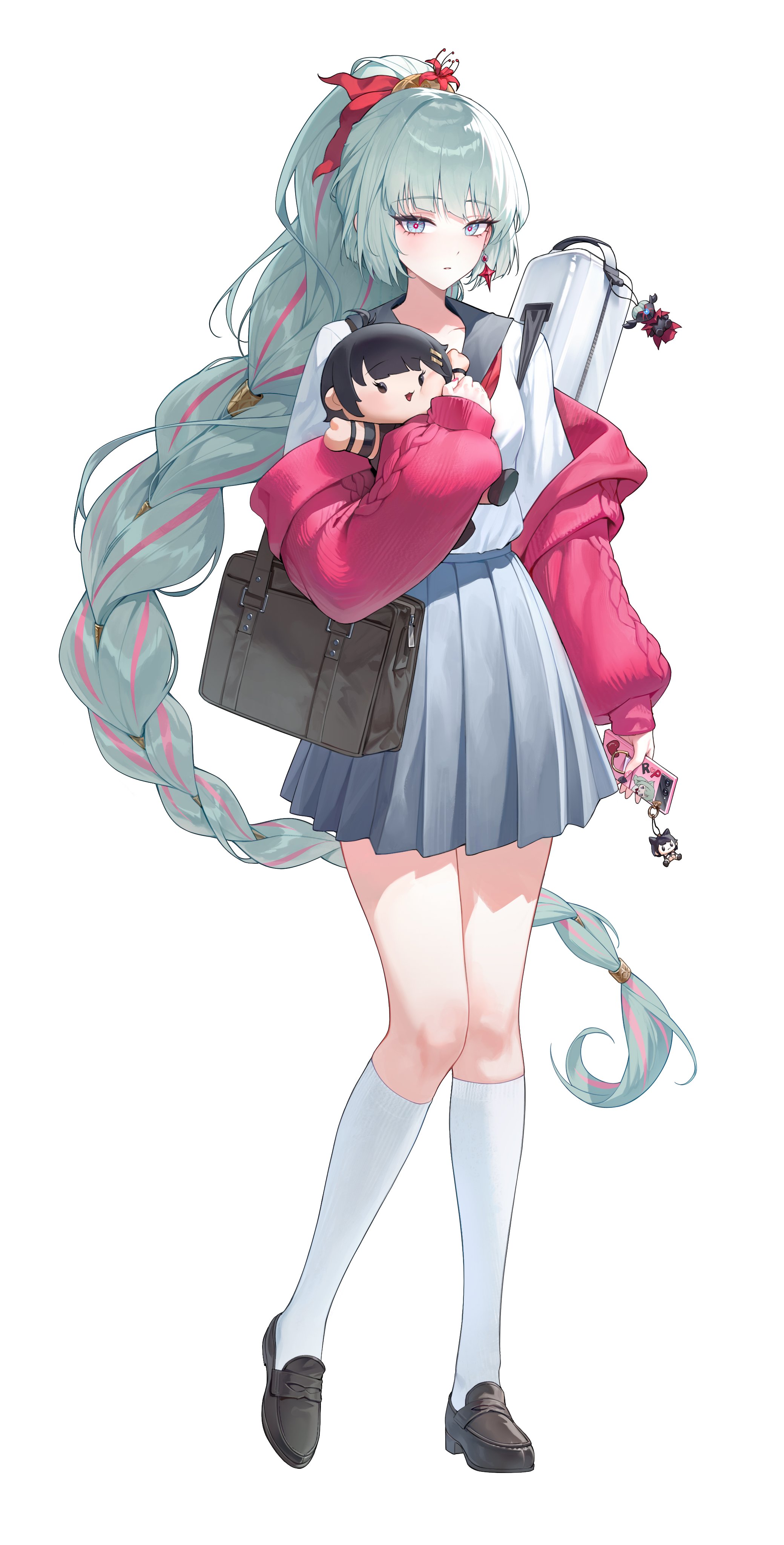 cryturtle, female rover (wuthering waves), phrolova (wuthering waves), rover (wuthering waves), wuthering waves, absurdres, commentary, highres, symbol-only commentary, 1girl, alternate costume, black sailor collar, black shoes, braid, braided ponytail, cellphone charm, character doll, charm (object), closed mouth, doll, earrings, full body, grey eyes, grey skirt, holding, holding doll, holding phone, jewelry, long hair, looking at viewer, multicolored hair, phone, sailor collar, shirt, shirt tucked in, shoes, simple background, skirt, socks, solo, streaked hair, very long hair, white background, white shirt, white socks