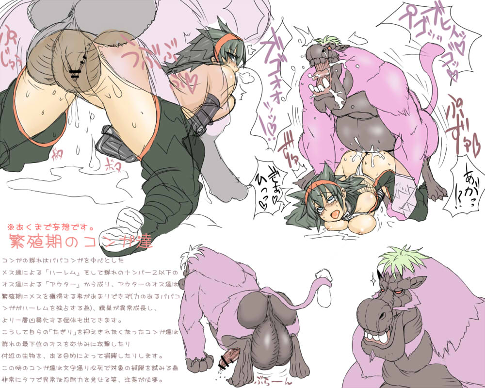 senbei (avocadochaya), conga, congalala, capcom, monster hunter (series), translation request, 1girl, ahegao, baboon ass, bar censor, bdsm, bent over, bestiality, blush, bondage, bound, bound arms, breasts, censored, chaps, cum, cum pool, cumdrip, doggystyle, elbow gloves, from behind, functionally nude, gloves, hanging breasts, headband, huge testicles, interspecies, large breasts, medium breasts, monkey, monster, nargacuga (armor), penis, prehensile tail, pussy juice, pussy juice drip, pussy juice puddle, rape, rolling eyes, sex, sex from behind, simple background, solo focus, speech bubble, spread legs, sweat, tail, tears, testicles, text focus, tongue, top-down bottom-up, vaginal, white background