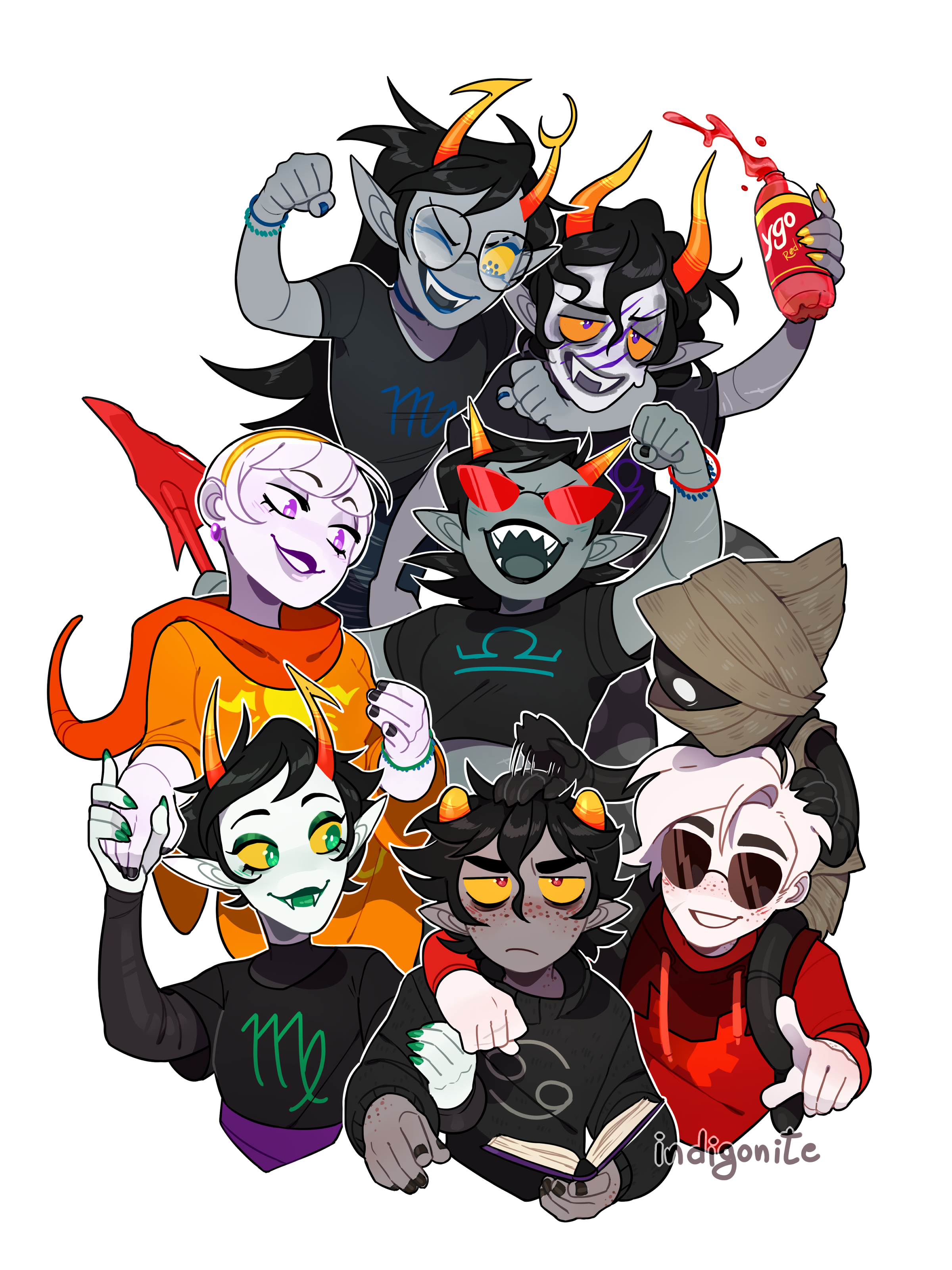 indigonite, dave strider, gamzee makara, kanaya maryam, karkat vantas, terezi pyrope, vriska serket, faygo, homestuck, absurdres, commentary, english commentary, highres, redrawn, 4boys, 4girls, black hair, black nails, black shirt, black skin, blue eyes, blue nails, bottle, bracelet, cancer (symbol), cape, celebration, closed mouth, clown makeup, colored eyelashes, colored sclera, colored skin, cropped torso, drink, earrings, extra pupils, fangs, freckles, frown, god tier (homestuck), green eyes, green nails, grey skin, headpat, headwrap, holding hands, horns, jewelry, libra (symbol), long hair, makeup, motion lines, multiple boys, multiple bracelets, multiple girls, one eye closed, open mouth, orange hood, orange horns, orange sclera, orange shirt, outline, purple eyes, purple skirt, red-tinted eyewear, red cape, red eyes, scar, scar on face, scorpio (symbol), sharp teeth, shirt, short hair, simple background, sitting, sitting on person, sitting on shoulder, skirt, smile, soda, soda bottle, sunglasses, teeth, tinted eyewear, transparent background, troll (homestuck), upper body, wayward vagabond, white hair, white outline, white skin, yellow sclera