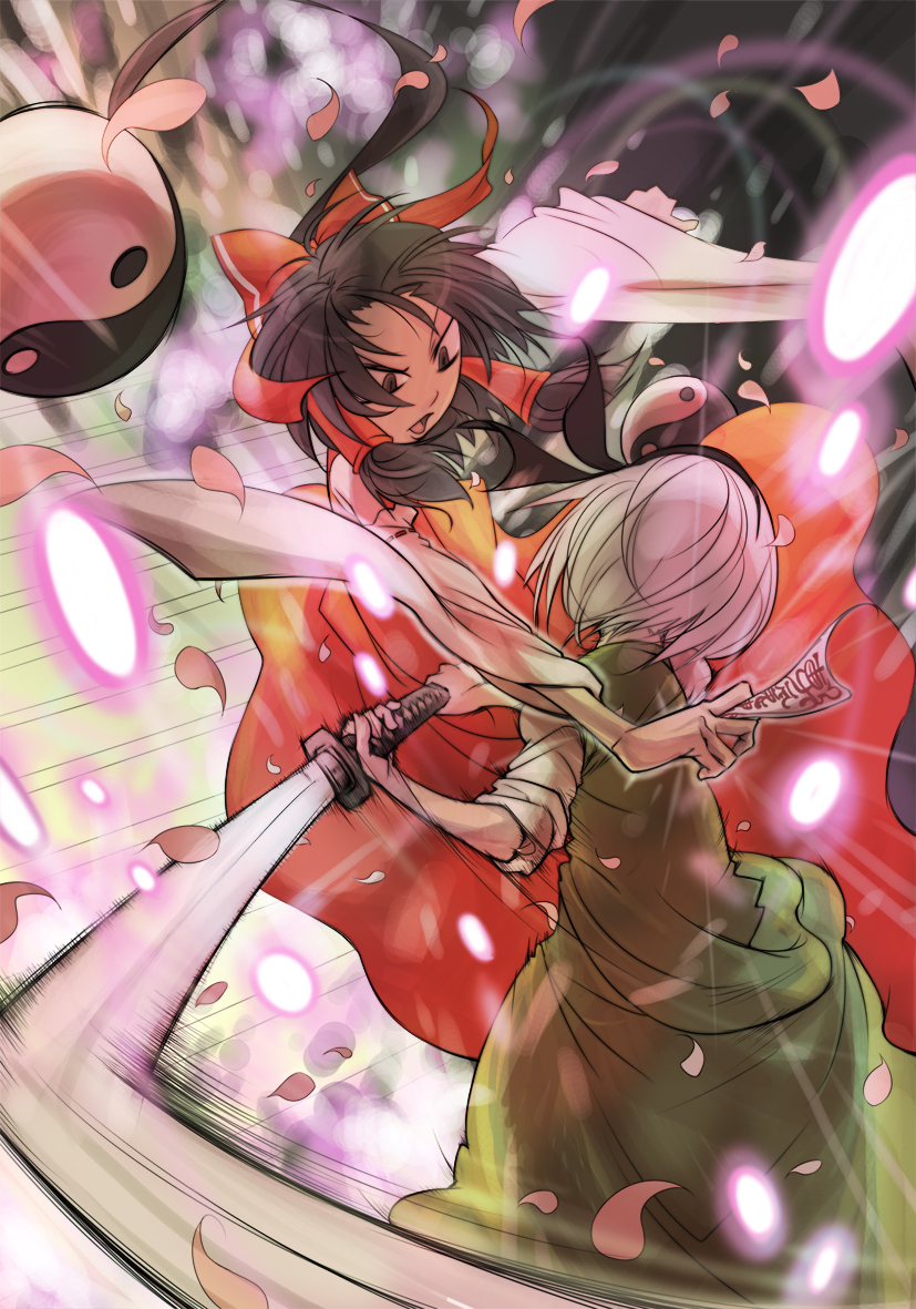 tokomichi, hakurei reimu, konpaku youmu, touhou, silver hair, bad id, bad pixiv id, 2girls, battle, brown eyes, brown hair, detached sleeves, female focus, hair ribbon, hairband, japanese clothes, katana, miko, multiple girls, ribbon, short hair, skirt, sword, weapon, yin yang