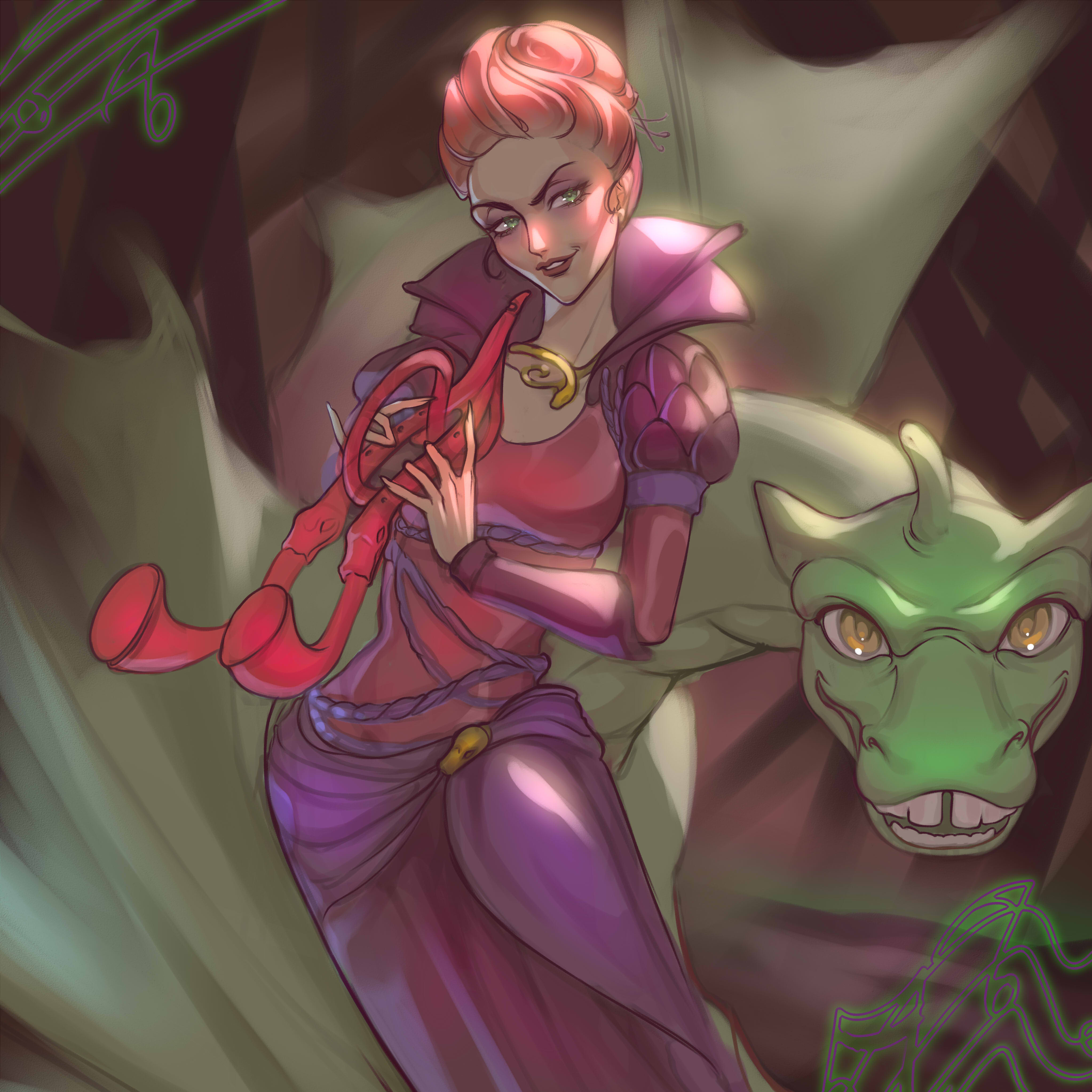 luverihu, barbie (franchise), barbie and the diamond castle, absurdres, commentary, english commentary, highres, 1girl, animification, dragon, dress, eyelashes, eyeshadow, green eyes, grin, high collar, holding, holding instrument, instrument, jewelry, lips, lipstick, long sleeves, lydia (barbie), makeup, mature female, musical note, necklace, puffy sleeves, skirt, slyder (barbie), smile, smirk, teeth, tooth gap, updo, upper body, v-shaped eyebrows