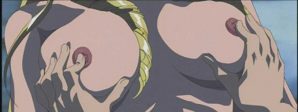 minase taki, shiraki rika, bible black, animated, animated gif, anime screenshot, 00s, 1girl, between breasts, blonde hair, breasts, double nipple stimulation, double nipple tweak, drill hair, grabbing another's breast, groping, large breasts, nipple stimulation, nipple tweak, nipples, small nipples, topless female, wallpaper worthy (animated)