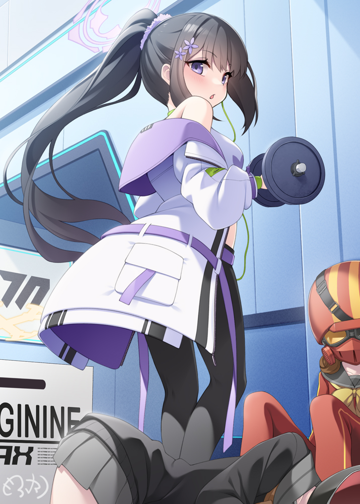 mofu namako, helmet gang officer (blue archive), helmet gangster (blue archive), seia (blue archive), sumire (blue archive), blue archive, commentary request, 4girls, bare shoulders, black hair, black pants, box, breasts, coat, dumbbell, hair ornament, halo, helmet, holding, holding dumbbell, indoors, long hair, long sleeves, lying, mask, multiple girls, off shoulder, on side, open clothes, open coat, pants, parted lips, pleated skirt, ponytail, purple eyes, sailor collar, school uniform, serafuku, signature, sitting, skirt, solo focus, very long hair