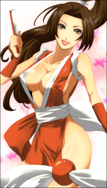 hamu (artist), shiranui mai, fatal fury, snk, the king of fighters, bad id, bad pixiv id, 1girl, bare shoulders, breasts, brown eyes, brown hair, cleavage, covered erect nipples, female focus, folded fan, folding fan, hand fan, large breasts, long hair, open mouth, pelvic curtain, ponytail, revealing clothes, smile, solo