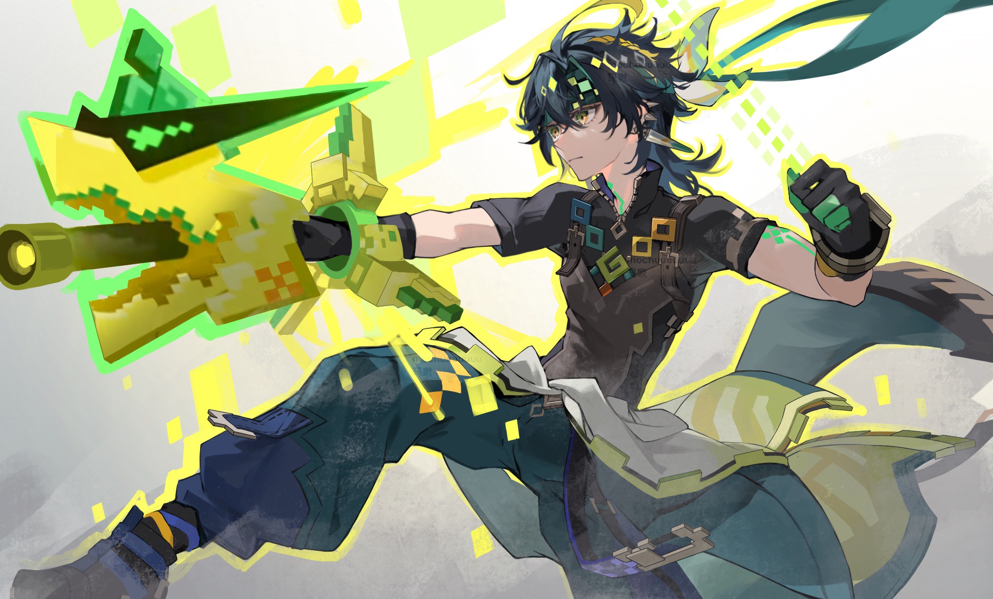 mochuuuuuuu, ajaw (genshin impact), kinich (genshin impact), genshin impact, commentary request, highres, 1boy, aqua headband, aqua pants, arm tattoo, black gloves, black hair, black shirt, closed mouth, crossed bangs, earrings, gloves, green eyes, green hair, green headband, hair between eyes, headband, jewelry, large earrings, male focus, multicolored hair, multicolored pants, pants, shirt, short hair, short sleeves, spiked ear piercing, streaked hair, tattoo, two-tone gloves