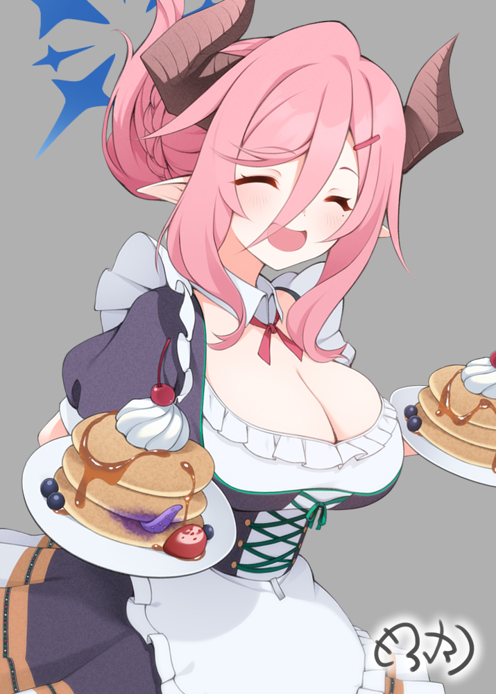 mofu namako, juri (blue archive), juri (part-time) (blue archive), blue archive, commentary request, 1girl, ^ ^, apron, black dress, blueberry, blush, breasts, brown horns, cleavage, closed eyes, dress, folded ponytail, food, fruit, grey background, hair ornament, hairclip, halo, holding, holding plate, horns, large breasts, mole, mole under eye, open mouth, pancake, pancake stack, pink hair, plate, pointy ears, short sleeves, signature, simple background, solo, tentacles, whipped cream, white apron