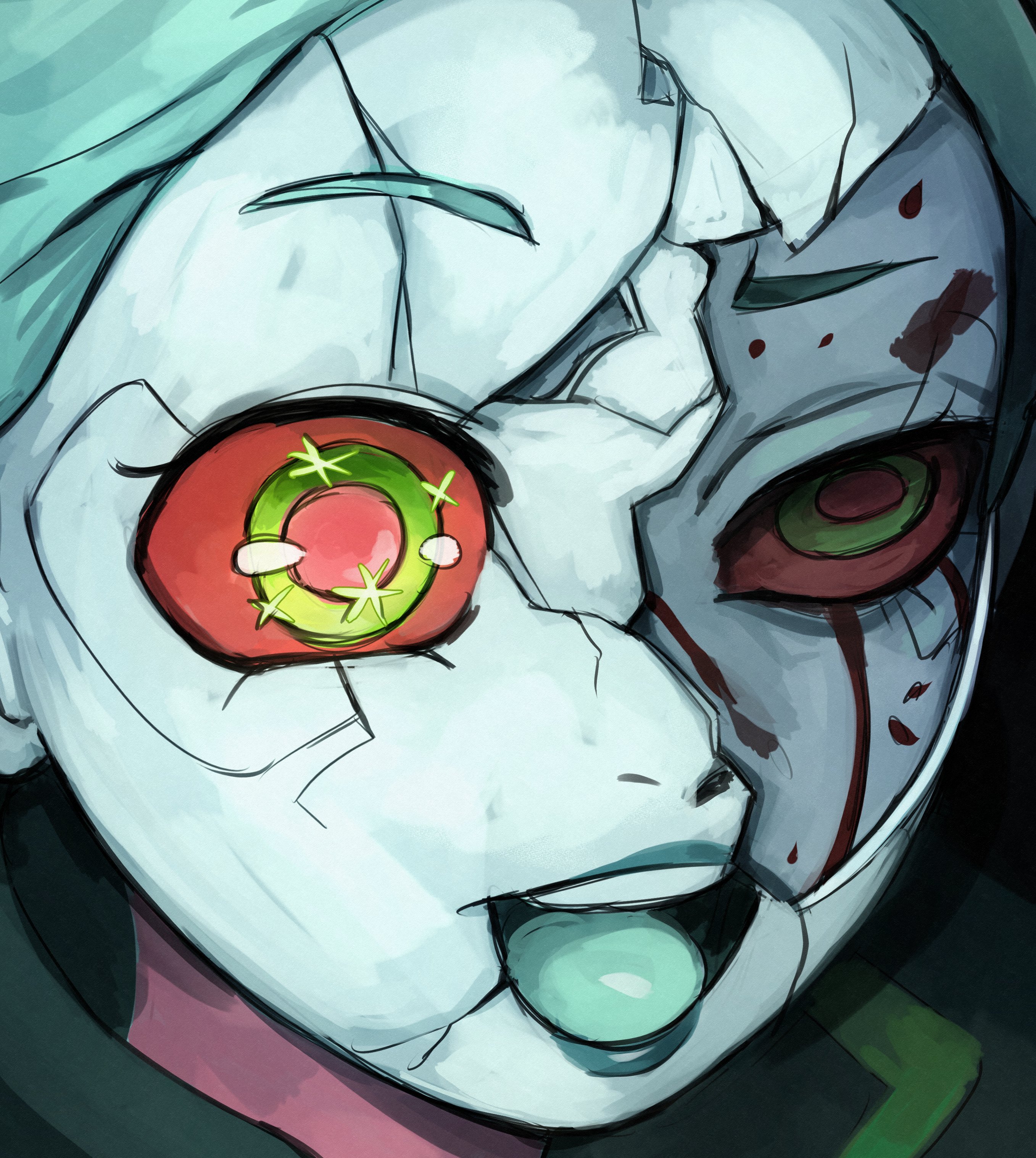 kirtome, rebecca (cyberpunk), cyberpunk: edgerunners, cyberpunk (series), absurdres, commentary, english commentary, highres, 1girl, :d, artificial eye, broken mask, colored sclera, colored skin, cracked kawaii mask, cracked mask, green hair, long hair, mask, mechanical eye, open mouth, red sclera, smile, solo, sparkling eyes, teeth, upper teeth only