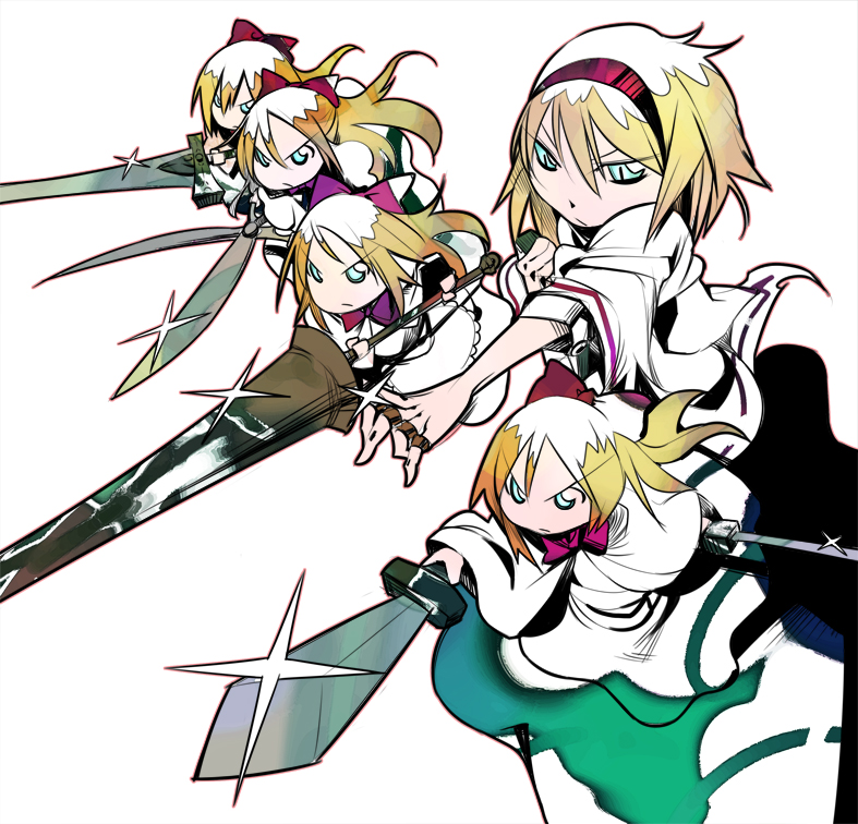 tokomichi, alice margatroid, shanghai doll, touhou, bad id, bad pixiv id, 1girl, blonde hair, blue eyes, doll, female focus, foreshortening, hair ribbon, hairband, lance, polearm, ribbon, scissors, short hair, solo, sword, weapon