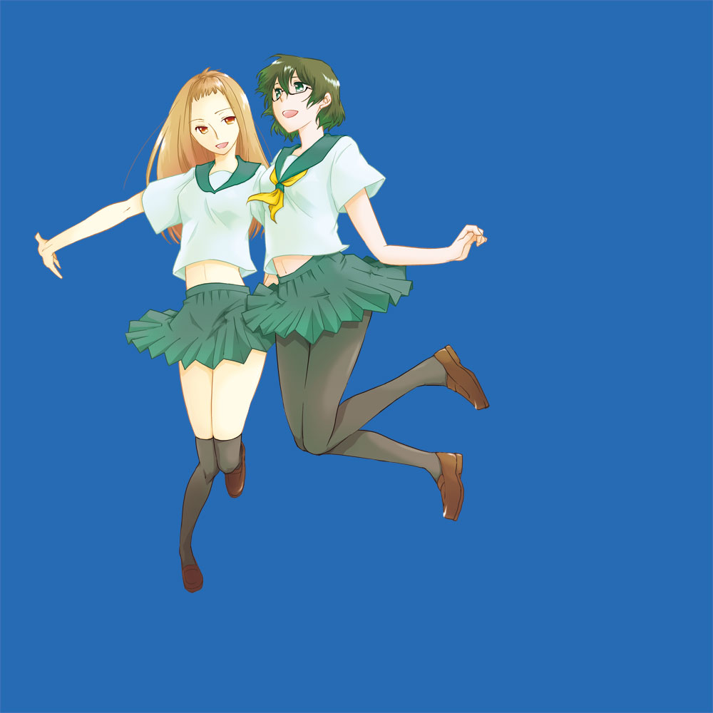 koya higashi, original, bad id, bad pixiv id, 2girls, brown hair, glasses, long hair, multiple girls, pantyhose, school uniform, short hair, skirt, thighhighs