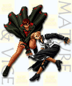 mature (kof), vice (kof), the king of fighters, 2girls, blonde hair, breasts, brown eyes, brown hair, cleavage, dress, earrings, female focus, formal clothes, hair bun, heel up, jewelry, long hair, long sleeves, looking at viewer, medium breasts, multiple girls, pantyhose, short hair, skirt, suit, thick thighs, thighs, wide hips