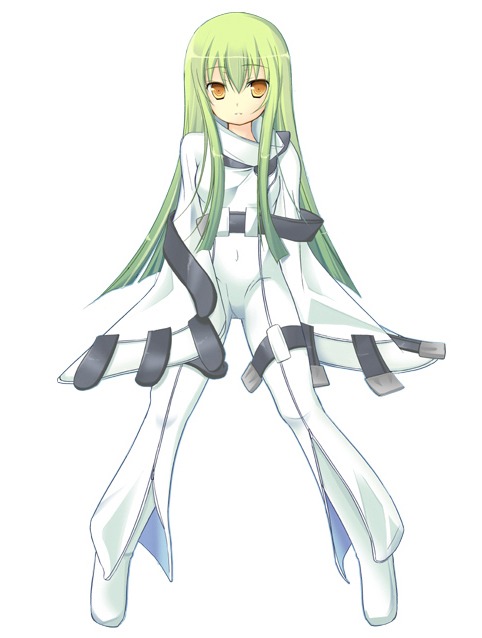 irukawa oruka, c.c., code geass, 00s, 1girl, brown eyes, female focus, full body, green hair, long hair, simple background, solo, standing, straitjacket, white background, yellow eyes