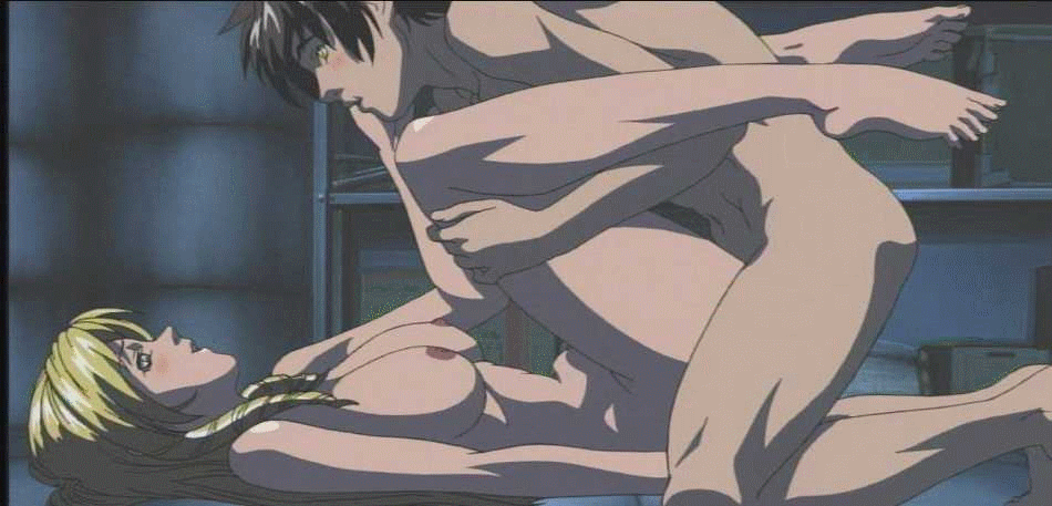 minase taki, shiraki rika, bible black, animated, animated gif, anime screenshot, 00s, 1boy, 1girl, barefoot, blonde hair, blush, bouncing breasts, breasts, drill hair, eye contact, feet, green eyes, hetero, large breasts, leg grab, long hair, looking at another, missionary, nipples, nude, sex, text focus, thighs, toes, vaginal