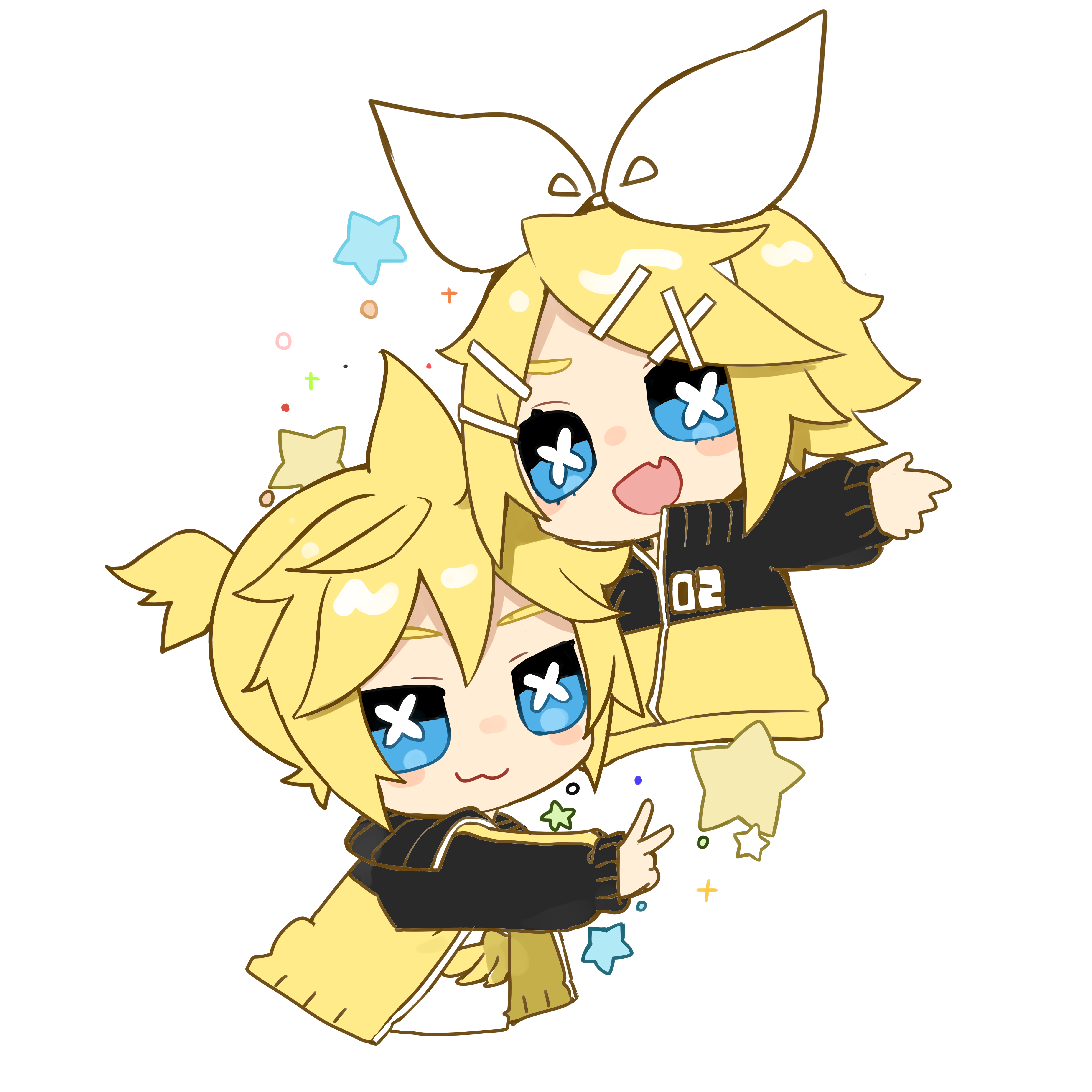 reirou (chokoonnpu), kagamine len, kagamine rin, vocaloid, absurdres, commentary request, highres, 1boy, 1girl, :3, blonde hair, blue eyes, blush stickers, brother and sister, cropped legs, cross-shaped pupils, eyelashes, fang, hair between eyes, hair ornament, hairclip, jacket, looking at viewer, no nose, open mouth, outstretched arm, ponytail, shirt, short hair, short ponytail, siblings, simple background, skin fang, stylish energy (module), symbol-shaped pupils, transparent background, v, white shirt, yellow jacket