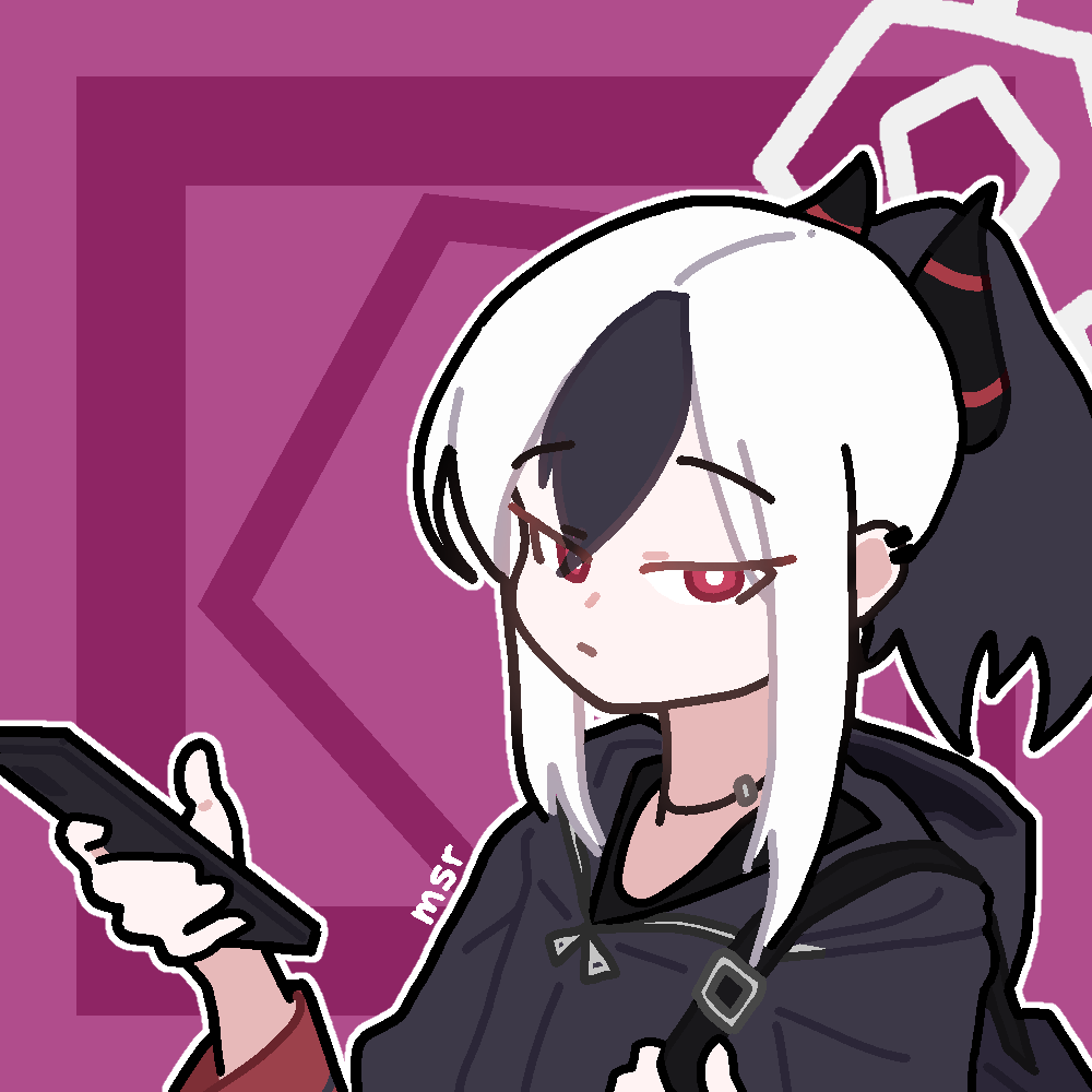 msr 0410, kayoko (blue archive), blue archive, commentary, english commentary, ibispaint (medium), 1girl, alternate halo, backpack, bag, black choker, black hair, black horns, black jacket, black shirt, bright pupils, cellphone, choker, demon horns, double-parted bangs, hair between eyes, halo, holding, holding phone, hood, hood down, hooded jacket, horns, jacket, long sleeves, looking at viewer, medium hair, multicolored hair, outline, phone, pink background, ponytail, pout, red eyes, shirt, sidelocks, signature, simple background, smartphone, solo, streaked hair, striped horns, upper body, white hair, white halo, white outline, white pupils, zipper