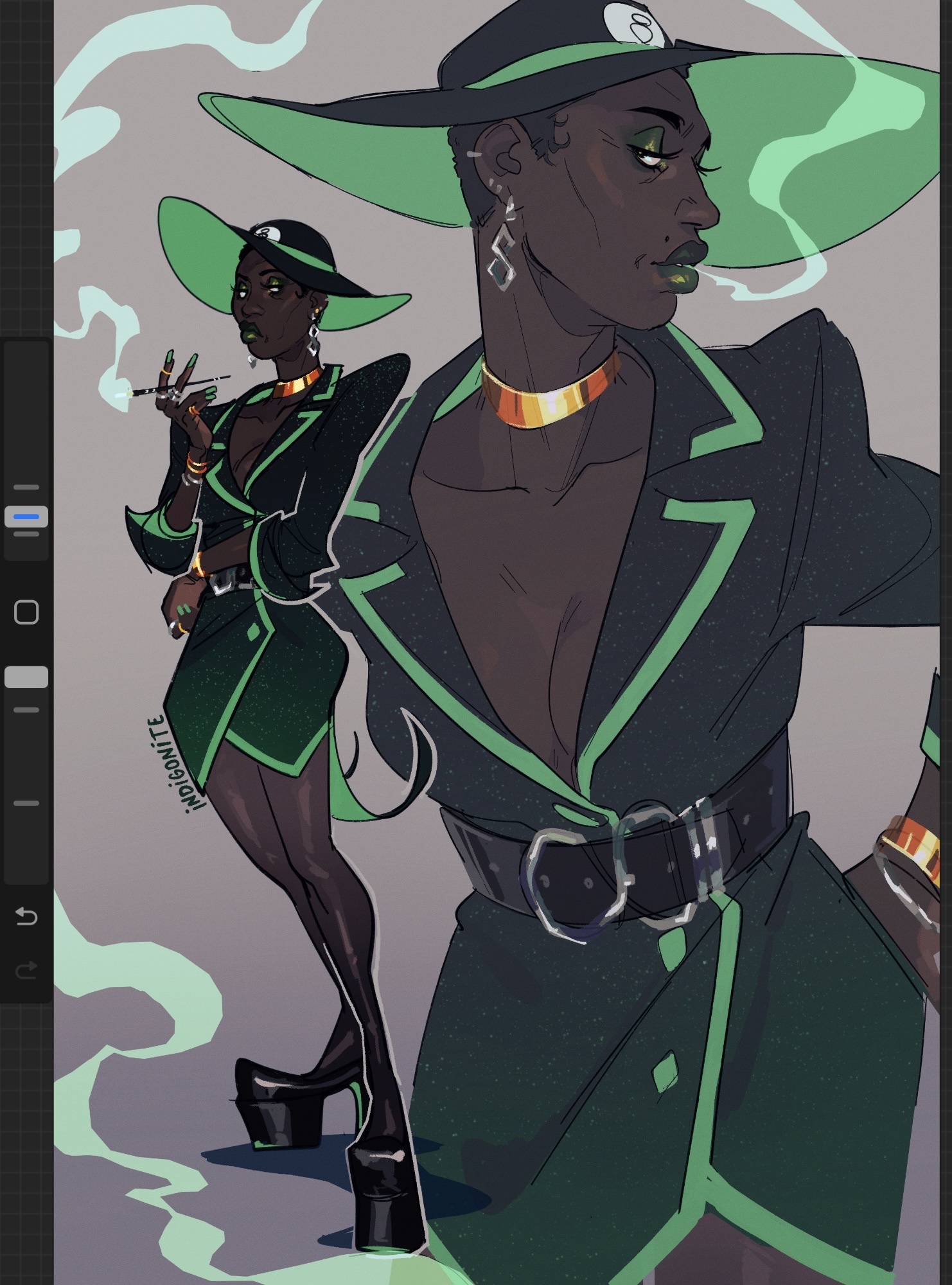 indigonite, homestuck, commentary, english commentary, highres, 1girl, 8-ball, art program in frame, artist name, belt, black dress, black hair, black hat, bracelet, breasts, cigarette holder, cleavage, colored smoke, dark-skinned female, dark skin, dress, earrings, eyeshadow, frown, gradient socks, green eyeshadow, green hat, green lips, green trim, hat, humanization, jewelry, lapels, looking at viewer, makeup, medium breasts, multiple bracelets, multiple piercings, multiple rings, multiple views, necklace, notched lapels, ring, short dress, short hair, shoulder pads, smoke, snowman (homestuck), very dark skin