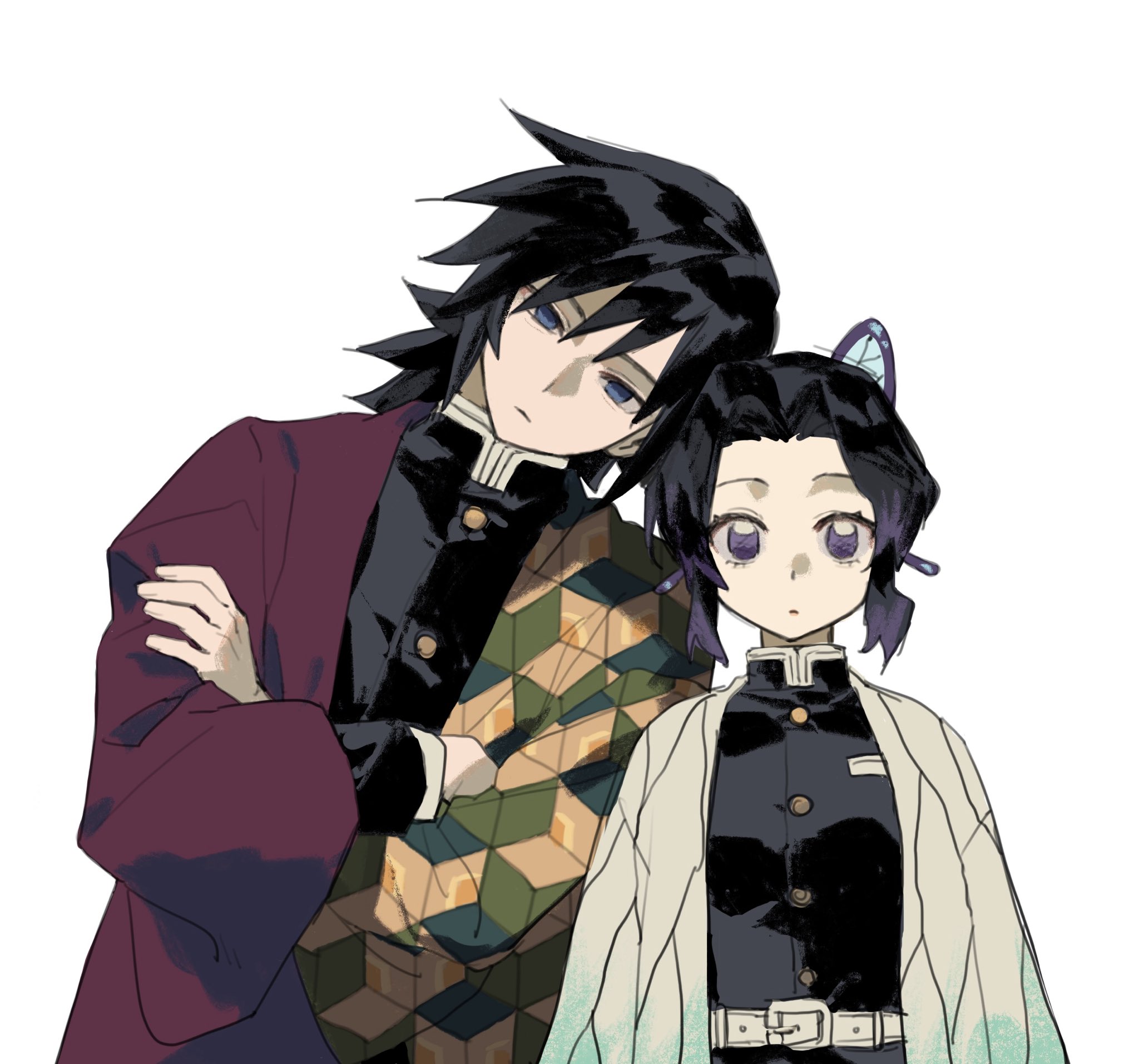 kochou shinobu, tomioka giyuu, kimetsu no yaiba, hashtag-only commentary, highres, 1boy, 1girl, black hair, blue eyes, butterfly hair ornament, closed mouth, crossed arms, demon slayer uniform, hair ornament, haori, jacket, japanese clothes, long hair, long sleeves, looking at viewer, multicolored hair, parted bangs, purple eyes, purple hair, segven, short hair, spiked hair, upper body, white background