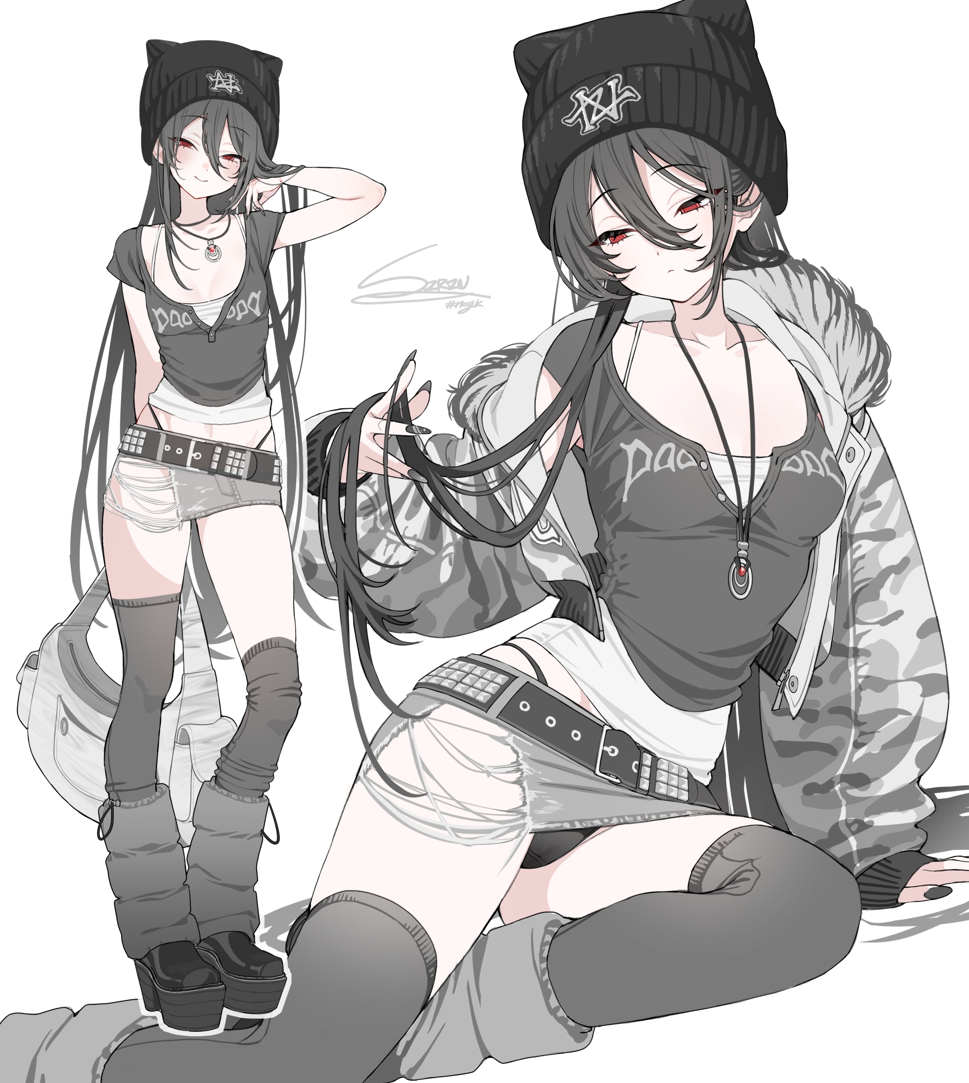 sirin (sirin 8 8), character request, copyright request, highres, 1girl, arm at side, arm support, beanie, belt, belt buckle, black belt, black hair, black hat, black nails, black panties, black shirt, black shoes, black thighhighs, block heels, buckle, camisole, camouflage, camouflage jacket, closed mouth, crop top, cropped shirt, crotch seam, double-parted bangs, expressionless, fingernails, fur-trimmed jacket, fur trim, grey jacket, grey leg warmers, grey skirt, grey theme, hair between eyes, hand in own hair, hand up, hat, jacket, jewelry, leg warmers, long bangs, long hair, microskirt, multiple views, nail polish, navel, necklace, open clothes, open jacket, panties, panty straps, platform heels, reclining, red eyes, shirt, shoes, short sleeves, signature, simple background, skirt, smile, standing, straight hair, thighhighs, torn clothes, torn skirt, underwear, very long hair, white background, white camisole