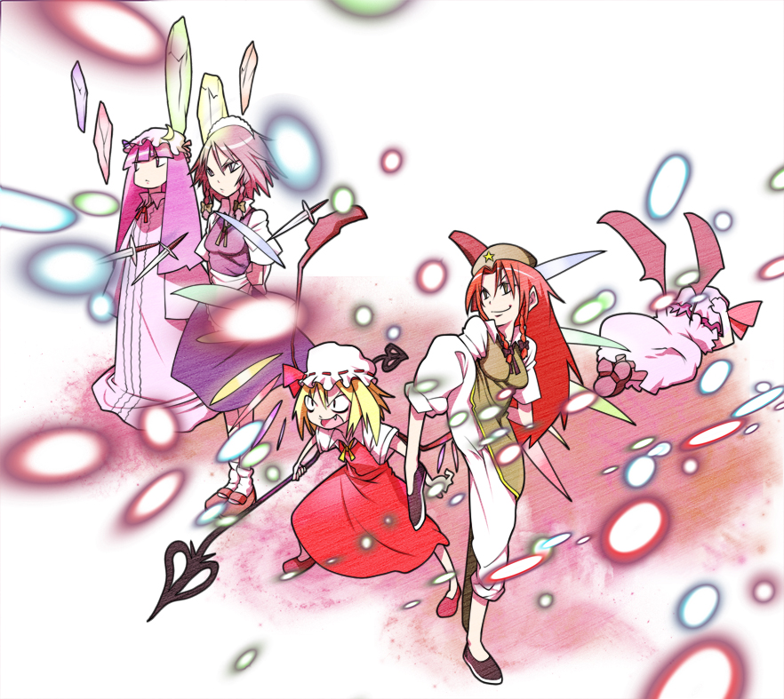 tokomichi, flandre scarlet, hong meiling, izayoi sakuya, patchouli knowledge, remilia scarlet, embodiment of scarlet devil, touhou, silver hair, 5girls, blonde hair, braid, breasts, cowering, danmaku, dress, fang, female focus, hair ribbon, hat, hiding, knife, laevatein, long hair, maid, multiple girls, purple hair, red hair, ribbon, short hair, twin braids, vampire, white background, wings