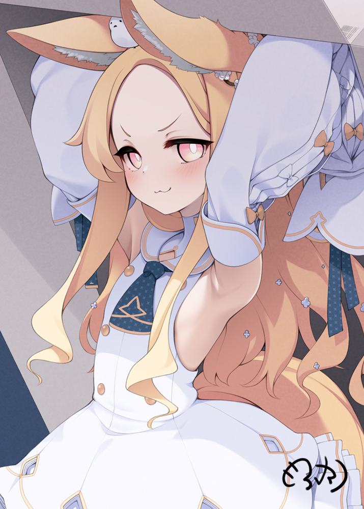 mofu namako, seia (blue archive), blue archive, commentary request, 1girl, :3, animal, animal ear fluff, animal ears, animal on head, armpits, arms up, bird, bird on head, blonde hair, blush, box, detached sleeves, dress, flat chest, forehead, fox ears, fox girl, fox tail, long hair, looking at viewer, on head, pink eyes, signature, sleeveless, sleeveless dress, sleeves past wrists, solo, tail, under box, very long hair, white dress, white sleeves