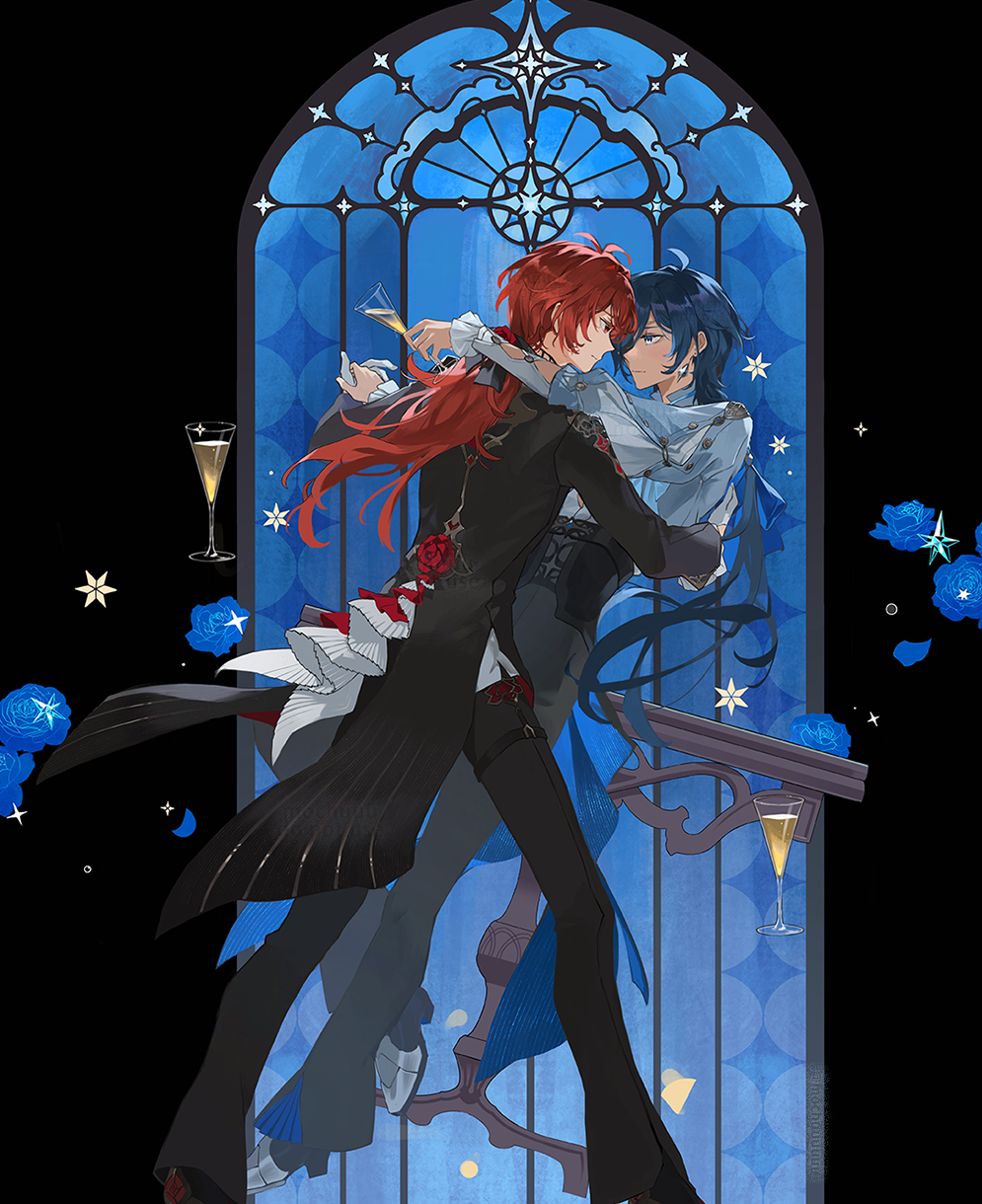mochuuuuuuu, diluc (genshin impact), kaeya (genshin impact), genshin impact, commentary request, highres, 2boys, antenna hair, blue eyes, blue flower, blue hair, blue rose, champagne flute, closed mouth, cup, dancing, dark-skinned male, dark skin, drinking glass, earrings, eyepatch, flower, fur scarf, gloves, inseki, jewelry, long hair, long sleeves, low ponytail, male focus, multiple boys, one eye covered, pants, ponytail, red eyes, red hair, rose, shirt, single earring, step-siblings