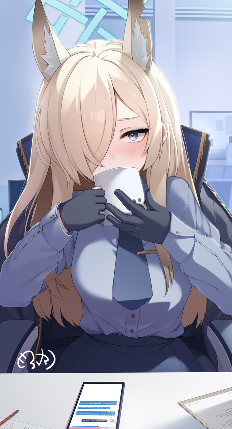 mofu namako, kanna (blue archive), blue archive, commentary request, highres, 1girl, animal ears, black gloves, blonde hair, blue eyes, blue necktie, blue shirt, blue skirt, blush, breasts, cellphone, chair, cup, gloves, hair between eyes, hair over one eye, halo, holding, holding cup, indoors, long hair, long sleeves, looking at viewer, mug, necktie, notched ear, on chair, paper, pencil skirt, phone, shirt, shirt tucked in, signature, sitting, skirt, smartphone, solo, table
