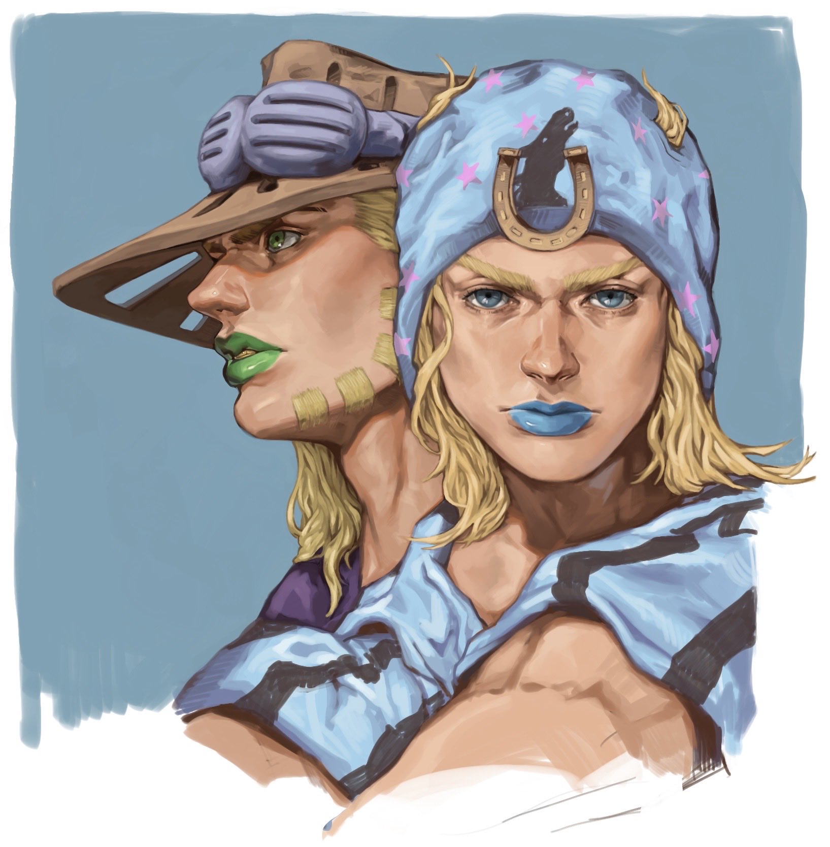 gyro zeppeli, johnny joestar, jojo no kimyou na bouken, steel ball run, comic cover redraw, commentary, derivative work, english commentary, highres, 2boys, beanie, beard, blonde hair, blue eyes, blue hat, blue hoodie, blue lips, brown hat, cowboy hat, facial hair, goggles, goggles on headwear, green eyes, green lips, hat, hood, hood down, hoodie, horse print, horseshoe hat ornament, horseshoe ornament, long hair, looking at viewer, lunar albatross, makeup, male focus, medium hair, multiple boys, parted lips, profile, purple shirt, shirt, star (symbol), star print