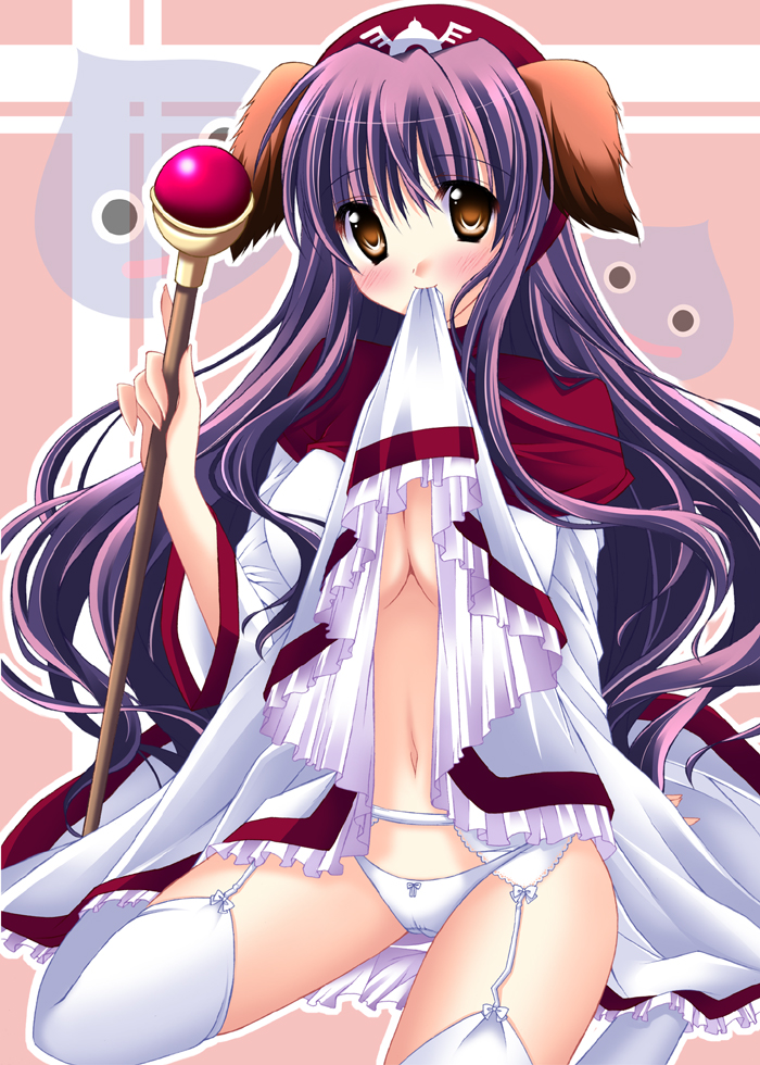 hinapo, princess of moonbrook, slime (dragon quest), chunsoft, dragon quest, dragon quest ii, enix, 1980s (style), 1girl, animal ears, blush, brown eyes, clothes lift, dress, dress lift, female focus, garter belt, lingerie, long hair, monster, navel, no bra, oldschool, panties, purple hair, solo, staff, thighhighs, underwear