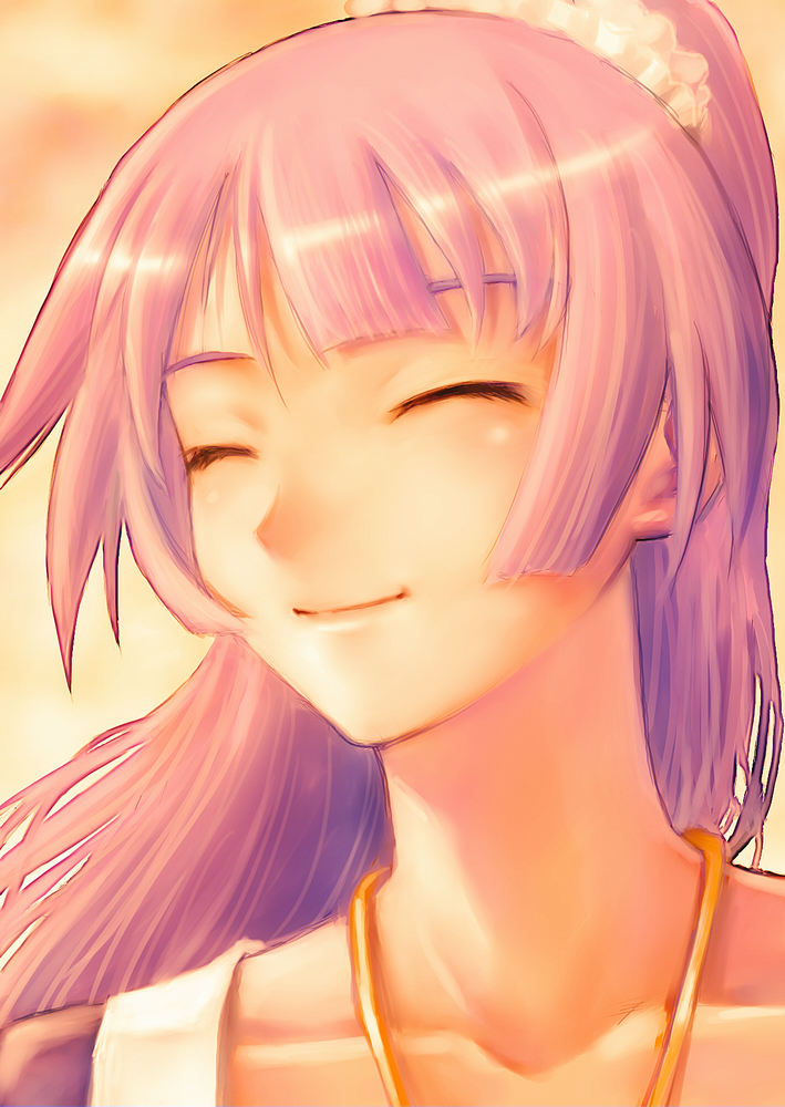 yusao, senjougahara hitagi, bakemonogatari, monogatari (series), 00s, 1girl, ^ ^, closed eyes, collarbone, female focus, gradient background, jewelry, long hair, necklace, ponytail, purple hair, scrunchie, smile, solo