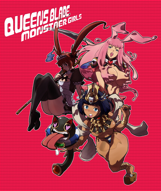 kon (kdash), airi (queen's blade), airi (the infernal temptress), ancient princess menace, melona (queen's blade), menace (queen's blade), protean assassin melona, setra, queen's blade, breast hold, 00s, 3girls, black hair, blue eyes, breasts, cleavage, clogs, dark-skinned female, dark skin, heart, heart-shaped pupils, large breasts, maid, medium breasts, monster girl, multiple girls, panties, pink hair, red hair, sandals, scythe, slime girl, staff, striped clothes, striped panties, symbol-shaped pupils, thighhighs, twintails, underboob, underwear, zouri