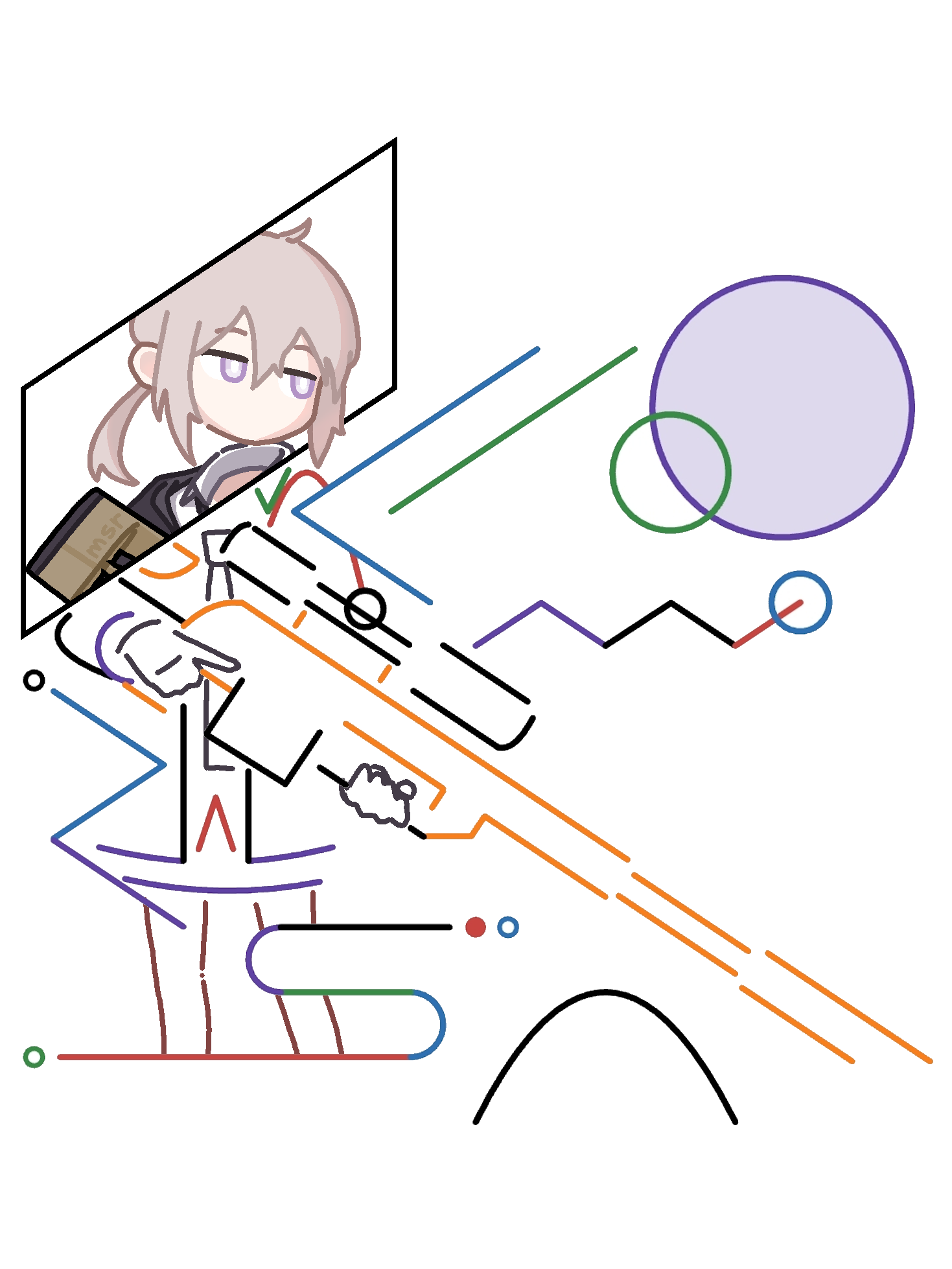 msr 0410, m200 (girls' frontline), girls' frontline, commentary, english commentary, highres, ibispaint (medium), unconventional media, 1girl, black necktie, bolt action, brown jacket, cheytac m200, collared shirt, cowl, desmos (medium), double-parted bangs, feet out of frame, grey hair, gun, hair between eyes, holding, holding gun, holding weapon, jacket, long hair, low ponytail, magazine (weapon), necktie, ponytail, purple eyes, rifle, scope, shirt, sidelocks, signature, simple background, skirt, sniper rifle, solo, standing, weapon, white background, white shirt