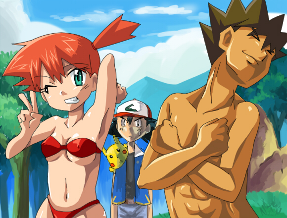 hamu (sanosano), ash ketchum, brock (pokemon), misty (pokemon), pikachu, nintendo, pokemon, pokemon (anime), pokemon (classic anime), 1girl, 2boys, armpits, bikini, gen 1 pokemon, green eyes, multiple boys, muscular, one eye closed, orange hair, pokemon (creature), red hair, short hair, side ponytail, swimsuit, teeth, v, wink