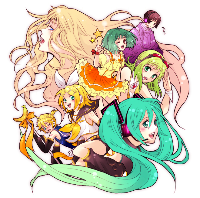 miz (mizu a), mizu (mizkiaaa), gumi, hatsune miku, japan (hetalia), kagamine len, kagamine rin, ranka lee, sheryl nome, axis powers hetalia, macross, macross frontier, vocaloid, bad id, bad pixiv id, 00s, 2boys, 5girls, aqua eyes, aqua hair, blonde hair, blue eyes, crossover, detached sleeves, goggles, green hair, hair ornament, hairclip, headphones, long hair, multiple boys, multiple girls, necktie, short hair, shorts, twintails