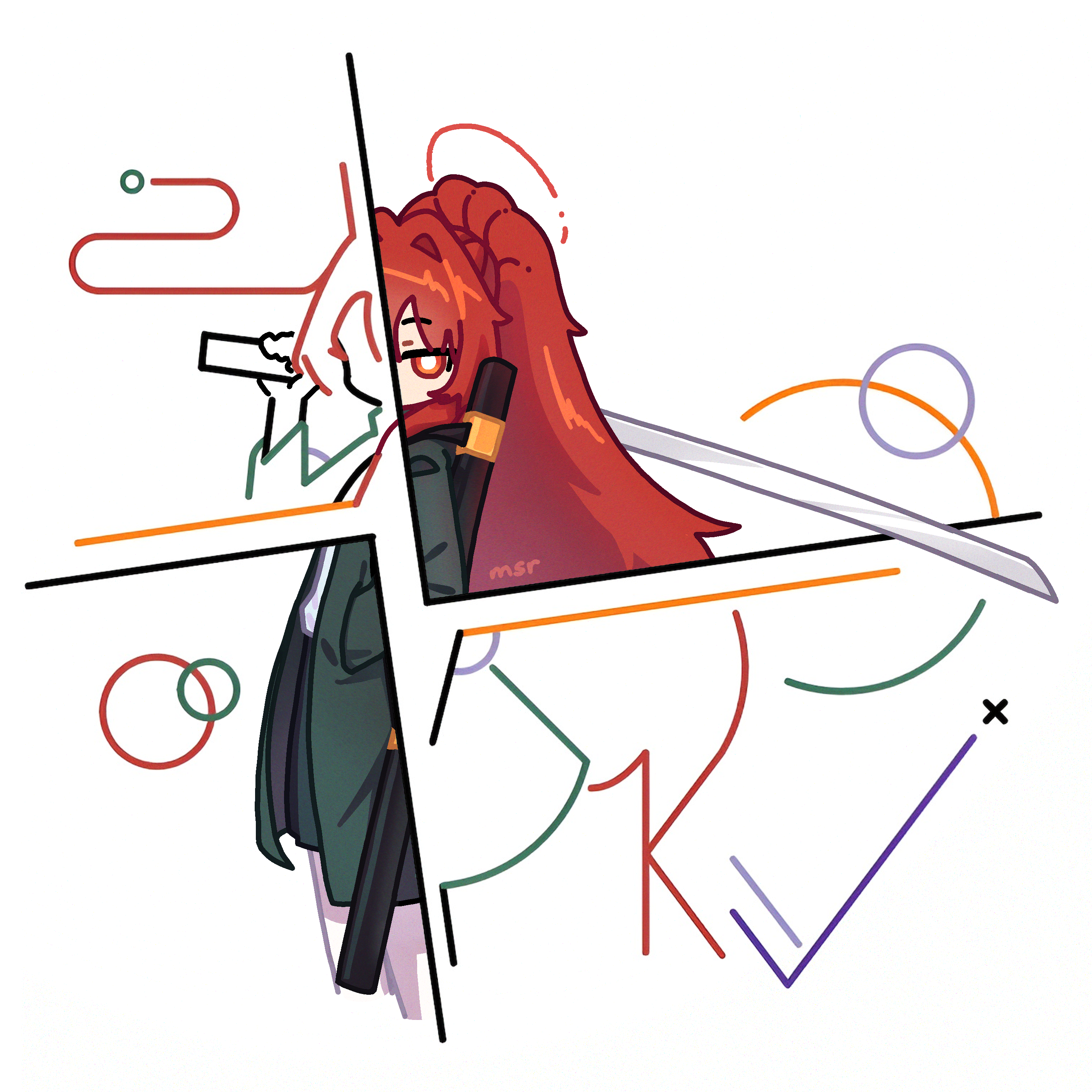 msr 0410, ashiharatsumori koito, project kv, absurdres, commentary, english commentary, highres, ibispaint (medium), unconventional media, 1girl, black coat, black skirt, bright pupils, coat, cowboy shot, cropped legs, desmos (medium), from side, halo, hand in pocket, holding, holding sword, holding weapon, long hair, long sleeves, open clothes, open coat, pantyhose, pleated skirt, ponytail, red eyes, red hair, red halo, sheath, shirt, simple background, skirt, solo, sword, very long hair, weapon, white background, white pantyhose, white pupils, white shirt