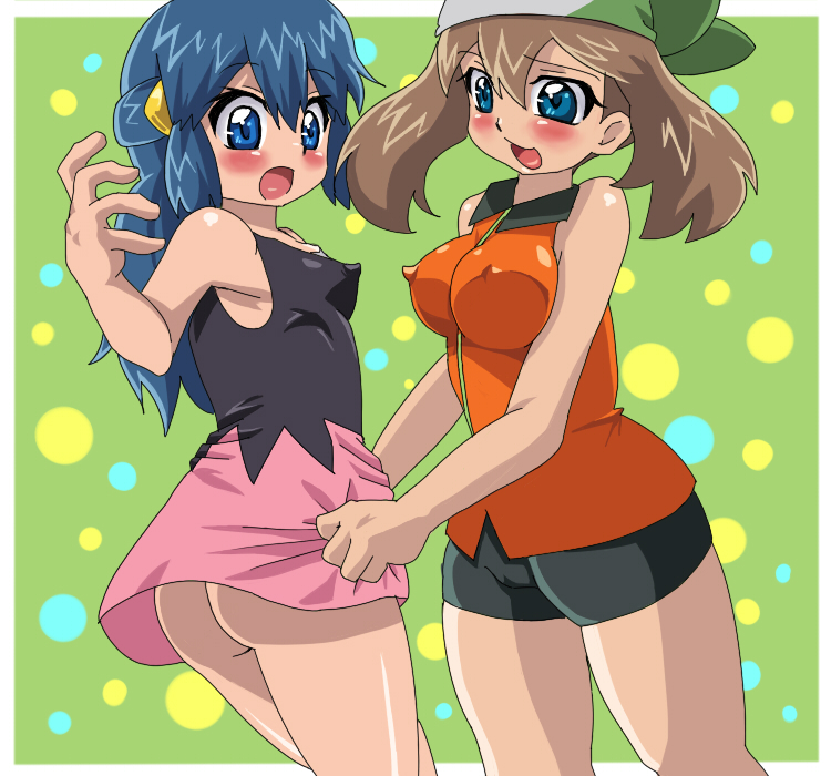 hamu (sanosano), dawn (pokemon), may (pokemon), nintendo, pokemon, pokemon (anime), grabbing, bad id, bad pixiv id, 2girls, ass, bandana, bare shoulders, bike shorts, blue eyes, blue hair, blush, bottomless, breasts, brown hair, cameltoe, covered erect nipples, hair ornament, large breasts, medium breasts, multiple girls, no panties, skin tight, skirt, spandex, tight clothes