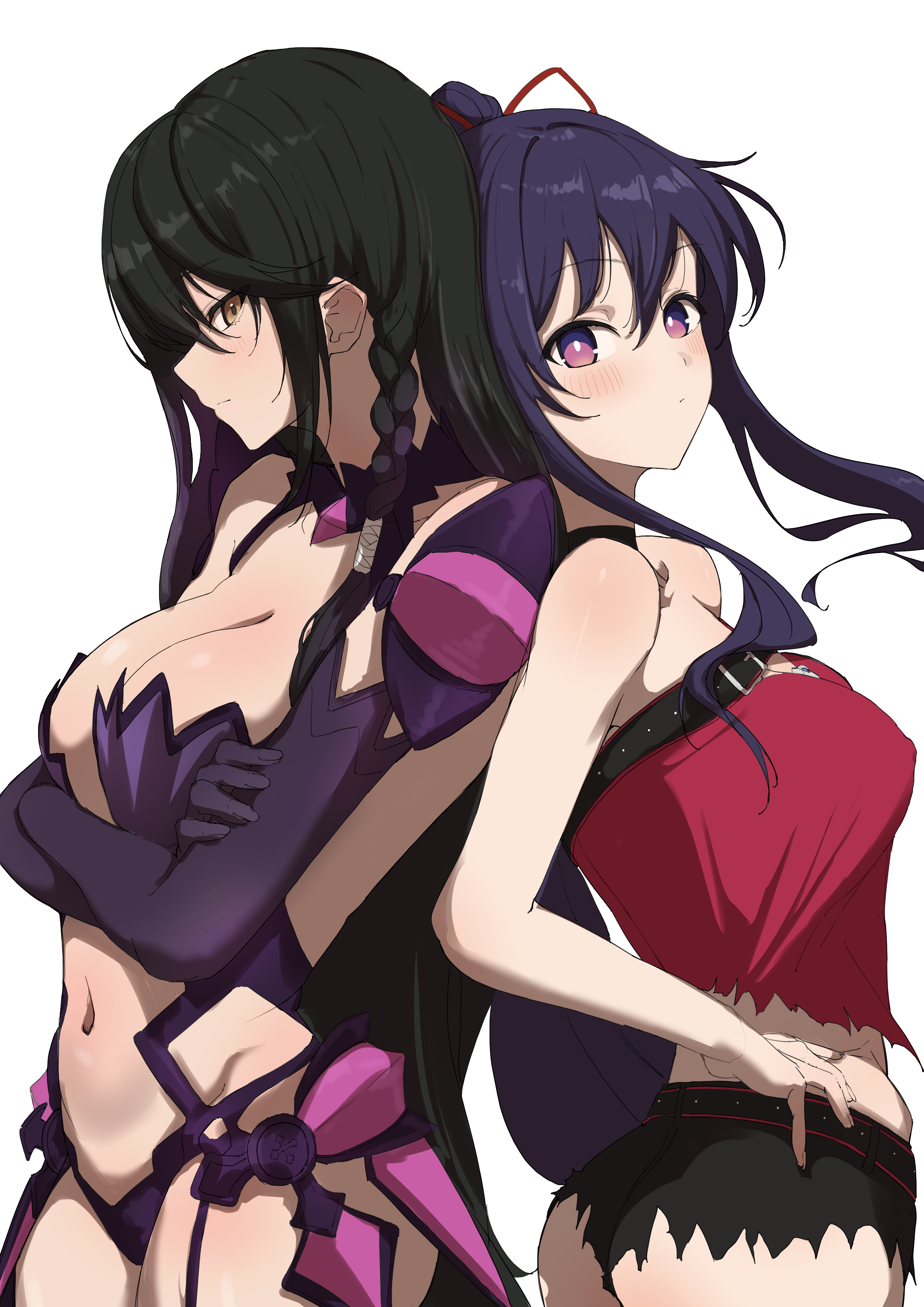 kaekae kaeru, velvet crowe, yatogami tohka, date a live, tales of (series), tales of berseria, absurdres, commentary request, commission, highres, skeb commission, 2girls, arched back, back-to-back, bare arms, bare shoulders, black hair, black shorts, blush, braid, breasts, cowboy shot, crossed arms, elbow gloves, frayed shorts, from side, gloves, hands on own hips, large breasts, long hair, long sidelocks, looking at viewer, looking to the side, multiple girls, navel, ponytail, purple eyes, purple gloves, purple hair, red tube top, revealing clothes, shorts, side braid, sidelocks, sideways glance, simple background, stomach, strapless, tube top, very long hair, white background, yellow eyes