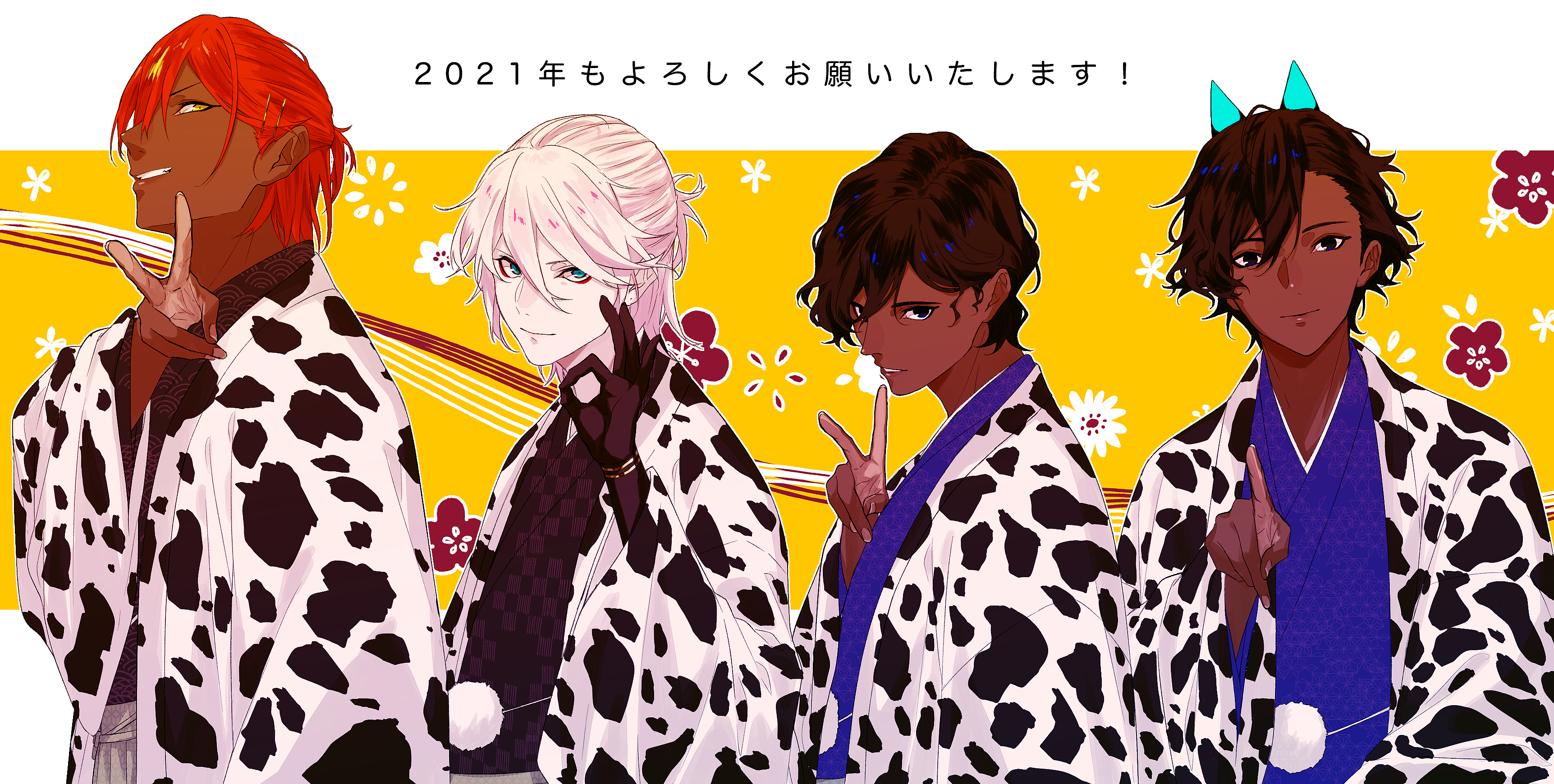 fuka (hk nemo), arjuna (fate), arjuna alter (fate), ashwatthama (fate), karna (fate), fate/grand order, fate (series), absurdres, commentary request, highres, translation request, 4boys, animal print, blue eyes, brown hair, chinese zodiac, cow print, dark-skinned male, dark skin, eyeliner, flower, grin, hair between eyes, hakama, japanese clothes, makeup, male focus, multiple boys, ok sign, plum blossoms, red eyeliner, red hair, seigaiha, short hair, smile, v, white hair, year of the ox, yellow eyes