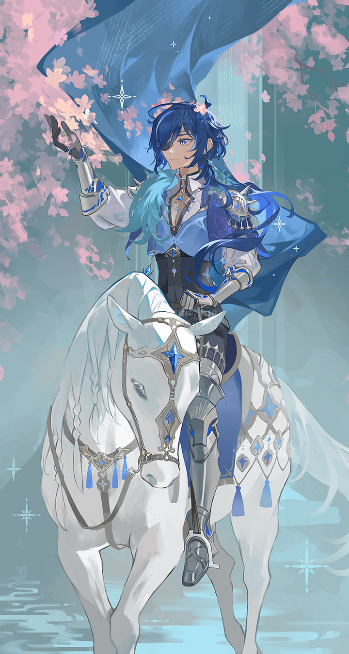 mochuuuuuuu, kaeya (genshin impact), genshin impact, commentary request, highres, 1boy, antenna hair, armor, blue eyes, blue gemstone, blue hair, dark-skinned male, dark skin, earrings, eyepatch, fur scarf, gauntlets, gem, greaves, hair over shoulder, horse, horseback riding, jewelry, long hair, long sleeves, low ponytail, male focus, one eye covered, ponytail, riding, shirt, single earring