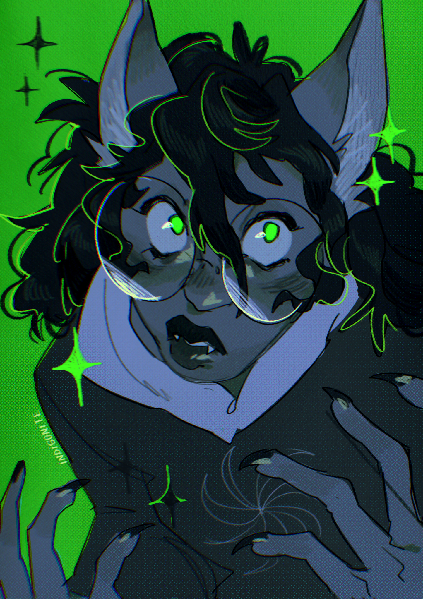 indigonite, jade harley, homestuck, commentary, english commentary, highres, 1girl, animal ears, black dress, black hair, black lips, black nails, chromatic aberration, colored skin, dark, dog ears, dress, fangs, fingernails, frown, glasses, glowing, glowing eyes, god tier (homestuck), green background, green eyes, green theme, grey skin, hair between eyes, halftone, hood, long fingernails, looking at viewer, monochrome, neon palette, no pupils, round eyewear, simple background, solo, sparkle, teeth, upper body, white hood