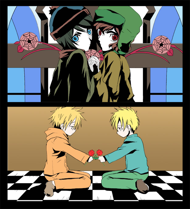 sakurapanda, butters stotch, kenny mccormick, kyle broflovski, stan marsh, rozen maiden, south park, 4boys, black hair, blonde hair, blue eyes, flat color, flower, hat, high contrast, hood, hoodie, male focus, multiple boys, pants, parody, red eyes, red hair, short hair