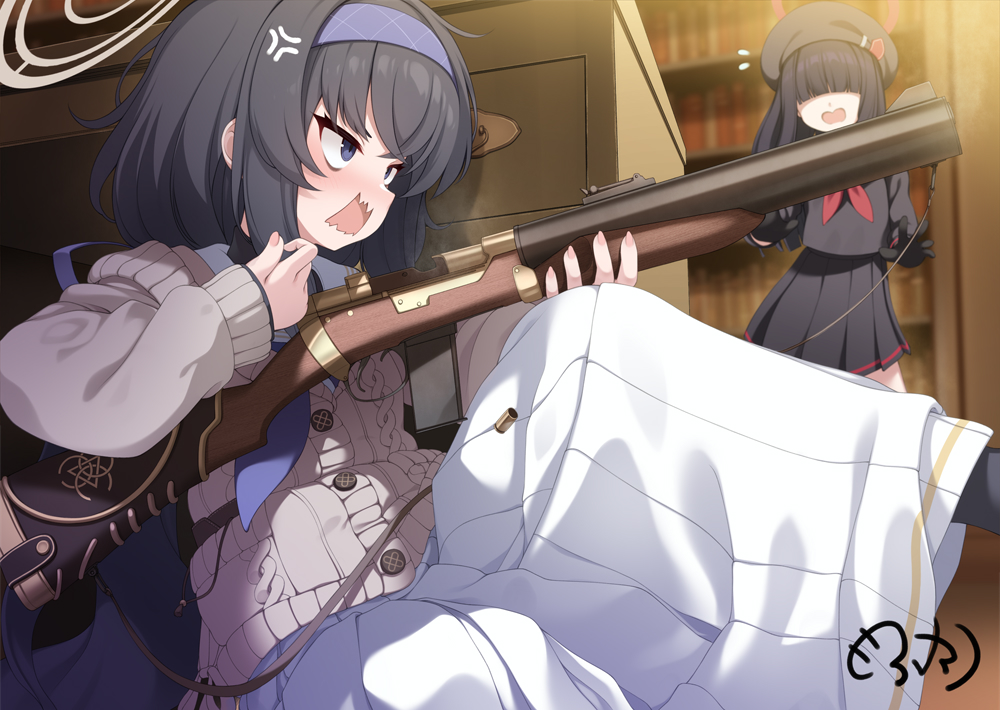mofu namako, justice task force member (blue archive), ui (blue archive), blue archive, commentary request, 2girls, anger vein, black gloves, black hair, black skirt, blue eyes, blunt bangs, blurry, blurry background, blush, book, bookshelf, cardigan, cocking gun, de lisle carbine, gloves, gun, hair over eyes, hairband, halo, holding, holding gun, holding weapon, indoors, library, long sleeves, multiple girls, neckerchief, open mouth, pleated skirt, red neckerchief, sailor collar, school uniform, serafuku, skirt, weapon, white sailor collar, white skirt