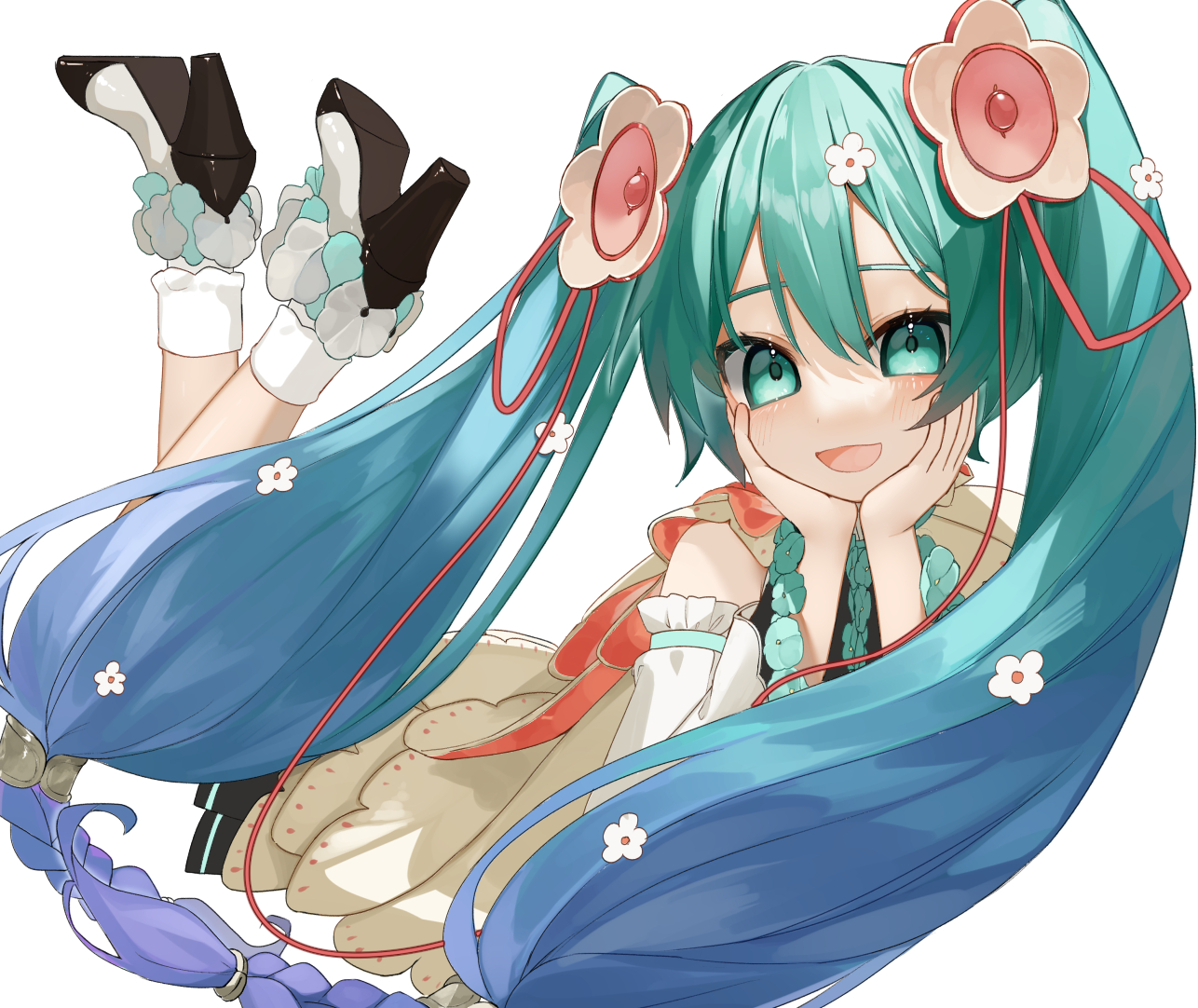 reirou (chokoonnpu), hatsune miku, magical mirai miku, magical mirai miku (2021), magical mirai (vocaloid), vocaloid, commentary, 1girl, black shoes, blue hair, blush, bobby socks, detached sleeves, eyelashes, flower, gradient hair, green eyes, hair flower, hair ornament, long hair, lying, multicolored hair, on stomach, open mouth, shoes, socks, solo, twintails, very long hair, white socks