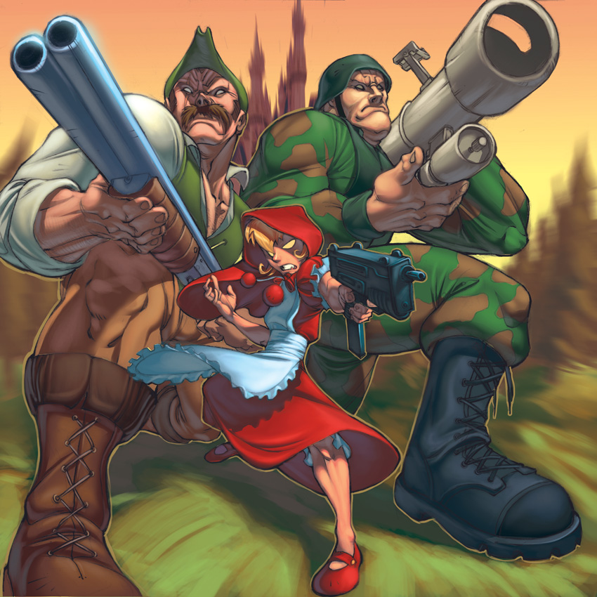 b.b. hood, capcom, darkstalkers, artist request, 1girl, 2boys, blonde hair, bloomers, boots, camouflage, facial hair, forest, glowing, glowing eyes, gun, helmet, hood, hunters cap, multiple boys, mustache, nature, rocket launcher, shotgun, submachine gun, underwear, weapon