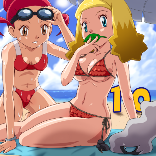 pokemoa, alice (pokemon), allegra (pokemon), darkrai, nintendo, pokemon, pokemon: the rise of darkrai, pokemon (anime), pokemon dppt (anime), lowres, 00s, 2girls, aqua eyes, beach, bikini, blonde hair, breasts, brown eyes, covered erect nipples, day, gen 4 pokemon, goggles, leaf, legendary pokemon, medium breasts, midriff, multiple girls, mythical pokemon, navel, pokemon (creature), red hair, side-tie bikini bottom, sweat, swimsuit