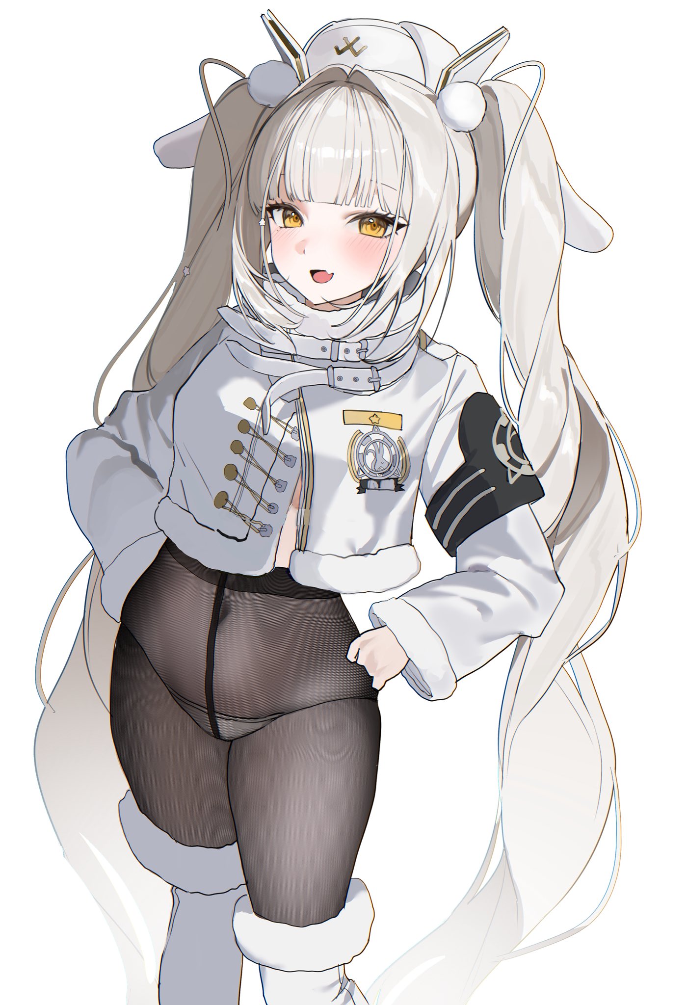 blanc (fortune express) (nikke), blanc (nikke), goddess of victory: nikke, highres, 1girl, armband, black armband, black pantyhose, boots, breasts, covered navel, dodosaae, fang, fur-trimmed boots, fur-trimmed collar, fur trim, hat, high-waist pantyhose, jacket, long hair, long sleeves, looking at viewer, open mouth, panties, pantyhose, see-through pantyhose, skin fang, smile, solo, split-color clothes, twintails, underwear, very long hair, vest, white boots, white hair, white panties, white vest, yellow eyes