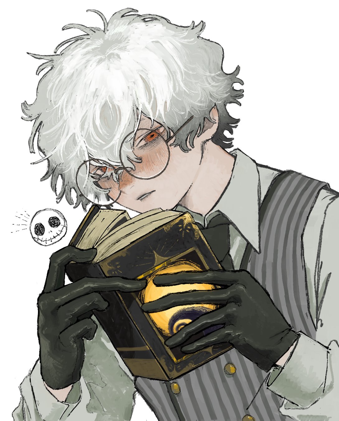 jack skellington, skully j. graves, the nightmare before christmas, twisted wonderland, commentary request, highres, 1boy, black gloves, black necktie, blush, book, collared shirt, cslqp5pqvy11536, glasses, gloves, gradient hair, grey hair, grey vest, holding, holding book, long sleeves, looking at viewer, male focus, multicolored hair, necktie, orange eyes, parted lips, round eyewear, shirt, simple background, solo, striped clothes, striped vest, upper body, vertical-striped clothes, vertical-striped vest, vest, white hair, white shirt