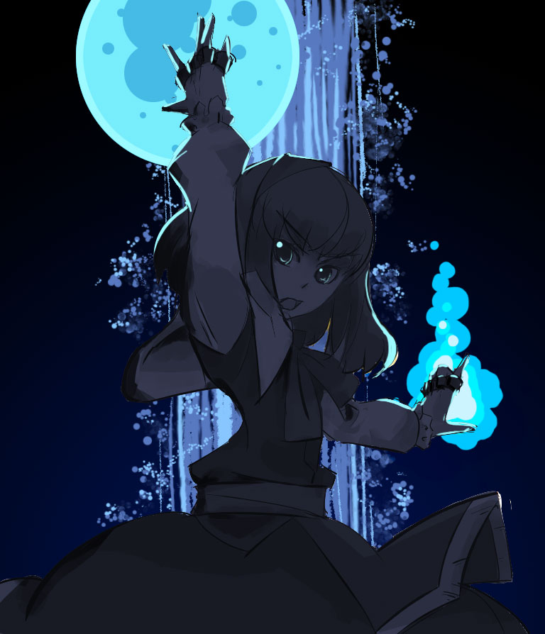 masayoshi toro, alice margatroid, touhou, 1girl, arm up, blue fire, dark, female focus, fire, green eyes, magic, moon, outstretched arm, solo