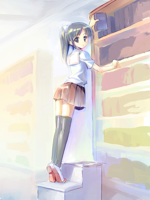 takoyaki (roast), 1girl, book, bookshelf, female focus, ponytail, school uniform, serafuku, shoes, skirt, solo, thighhighs, tiptoes, uwabaki, zettai ryouiki