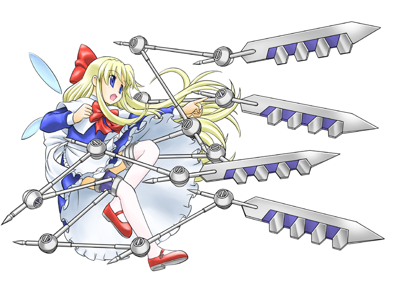 satsuki hare shin, satsuki harunobu, shanghai doll, busou renkin, touhou, 1girl, blonde hair, blue eyes, borrowed weapon, crossover, doll, female focus, long hair, mary janes, parody, shoes, solo, thighhighs, wings